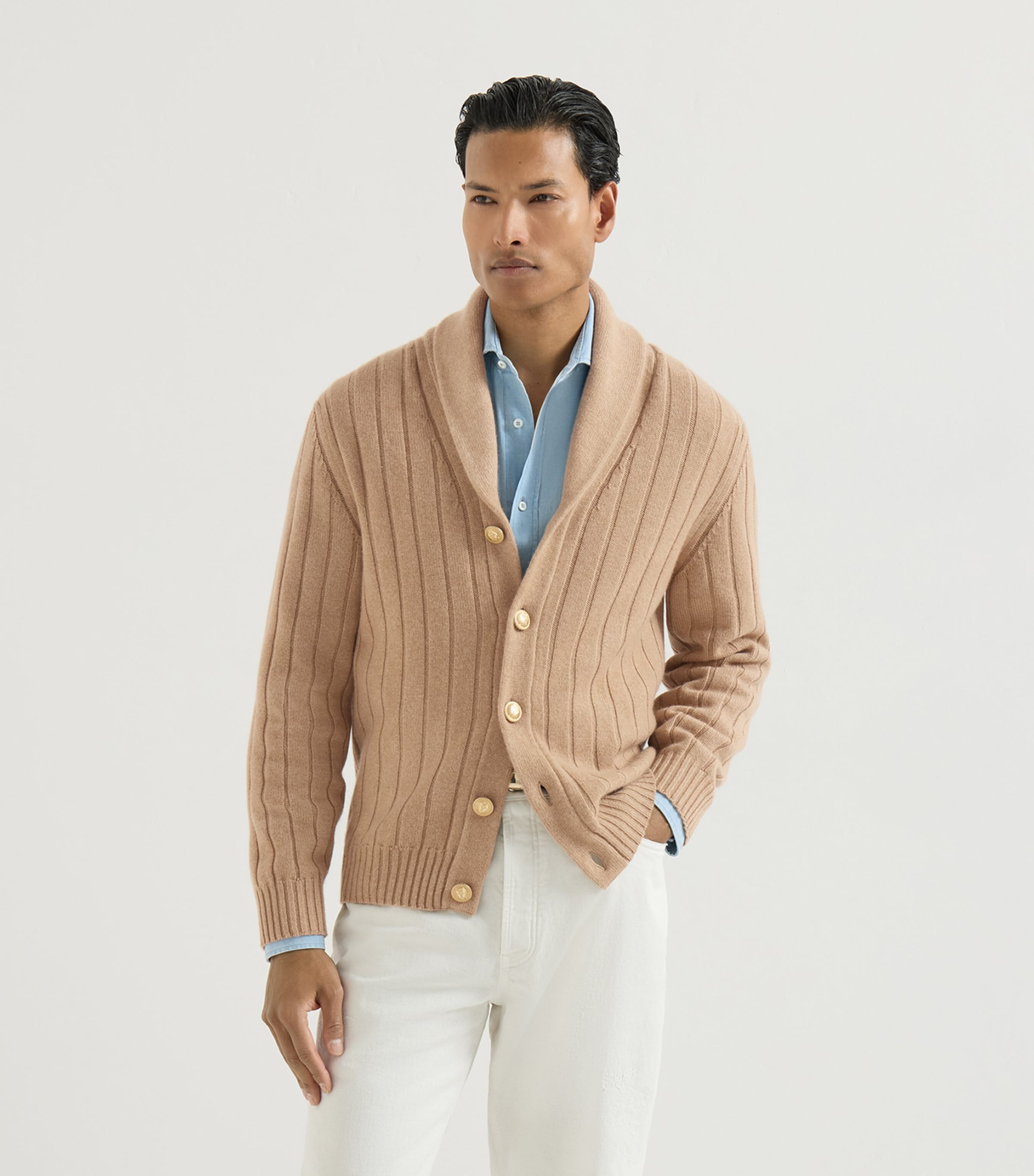 Brunello Cucinelli Mens Cashmere Ribbed Cardigan Camel Image 2
