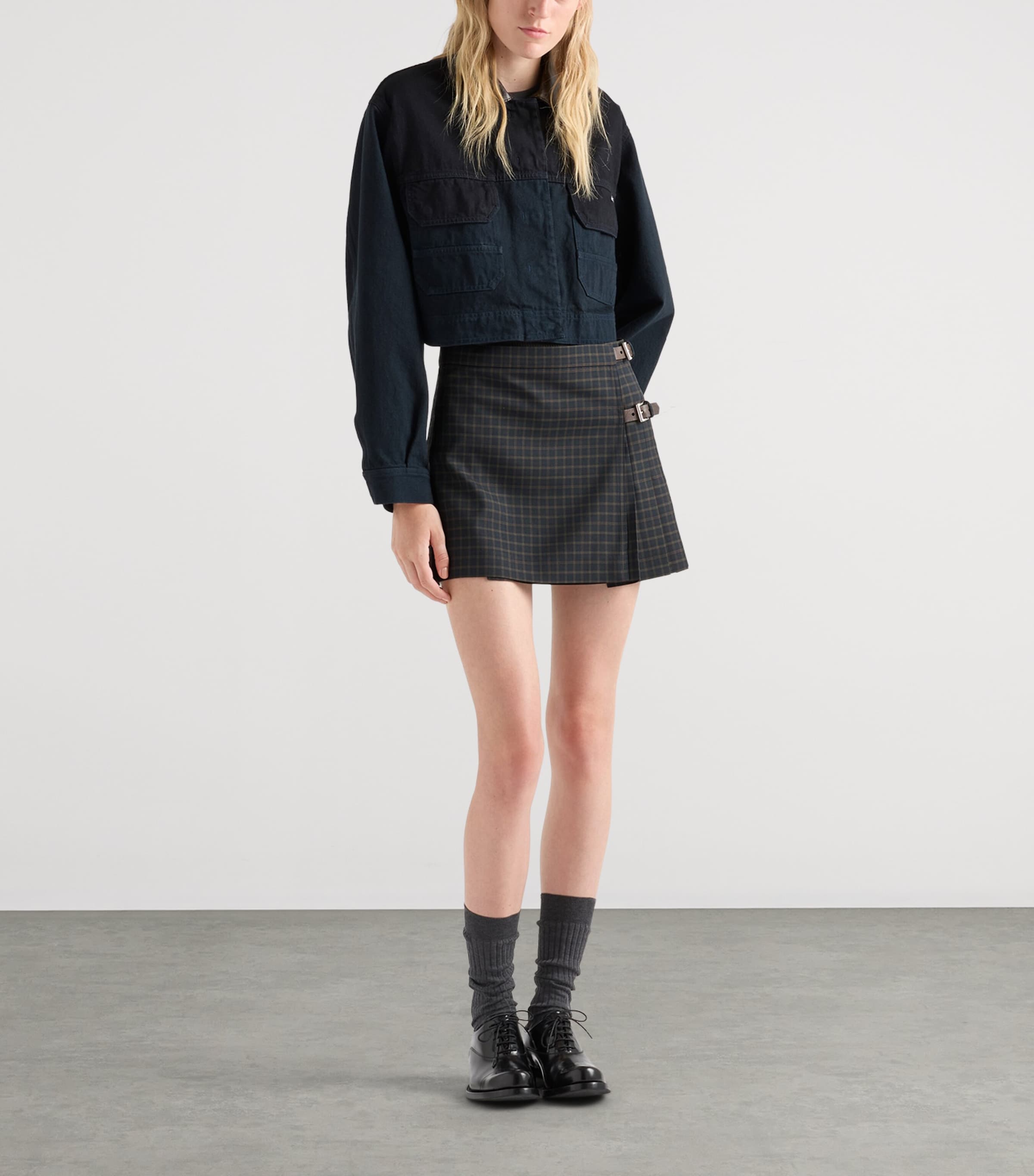 Prada Womens Wool-Blend Check Mini Skirt Blue Image 2