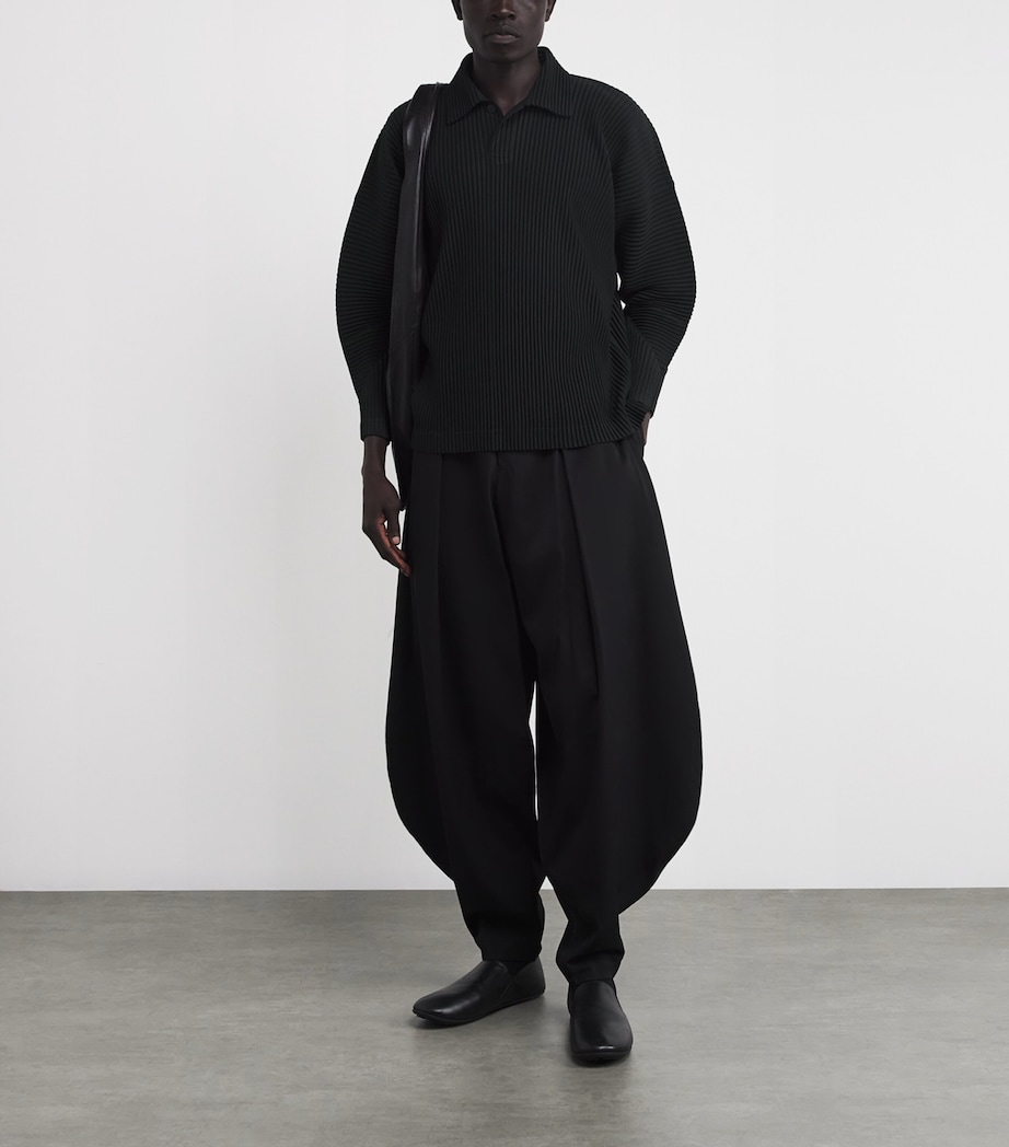 Pleated Long-Sleeve Polo Shirt 15-BLACK Image 2