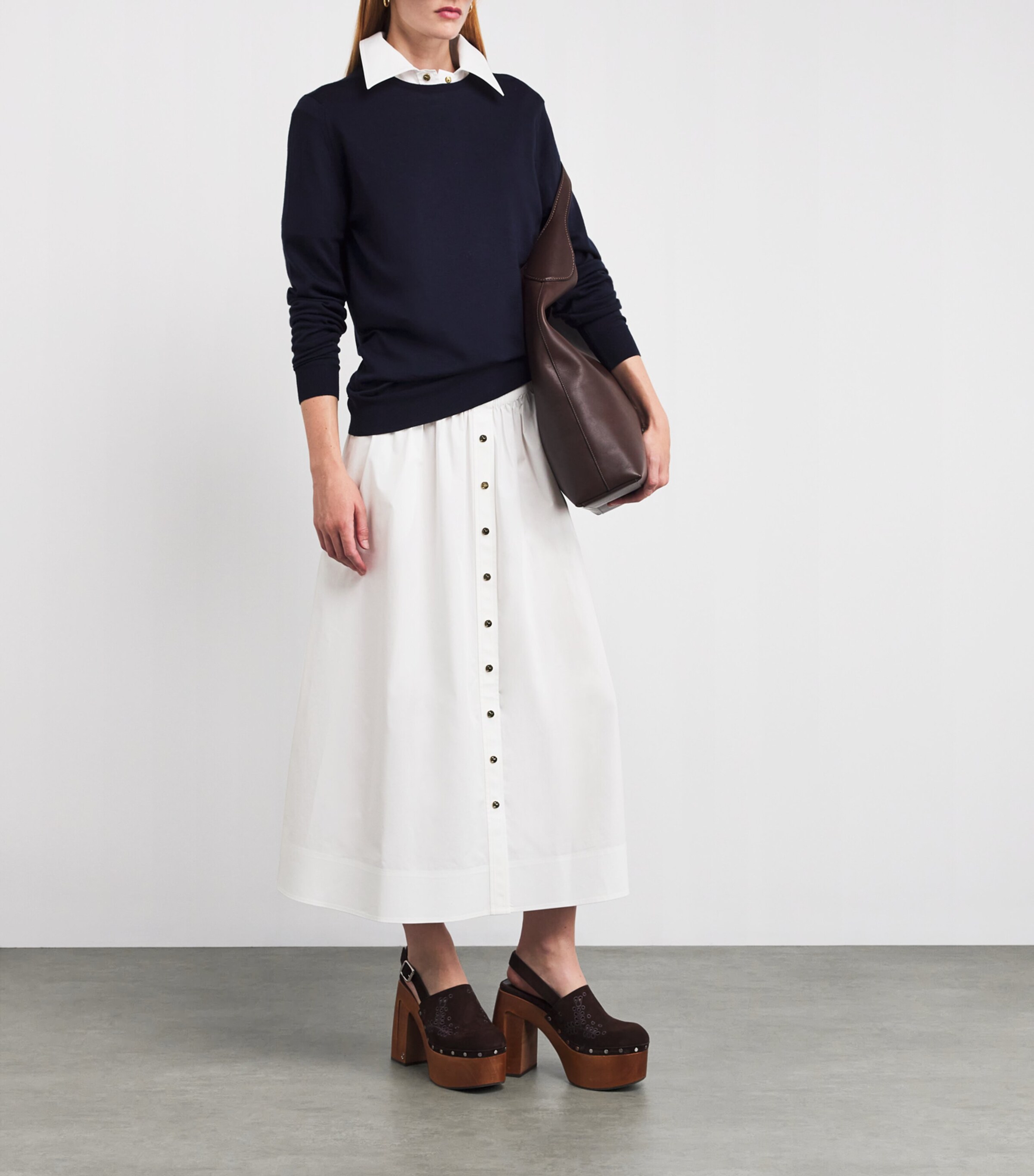 Tory Burch White Cotton Stretch Poplin Metal-Button Midi