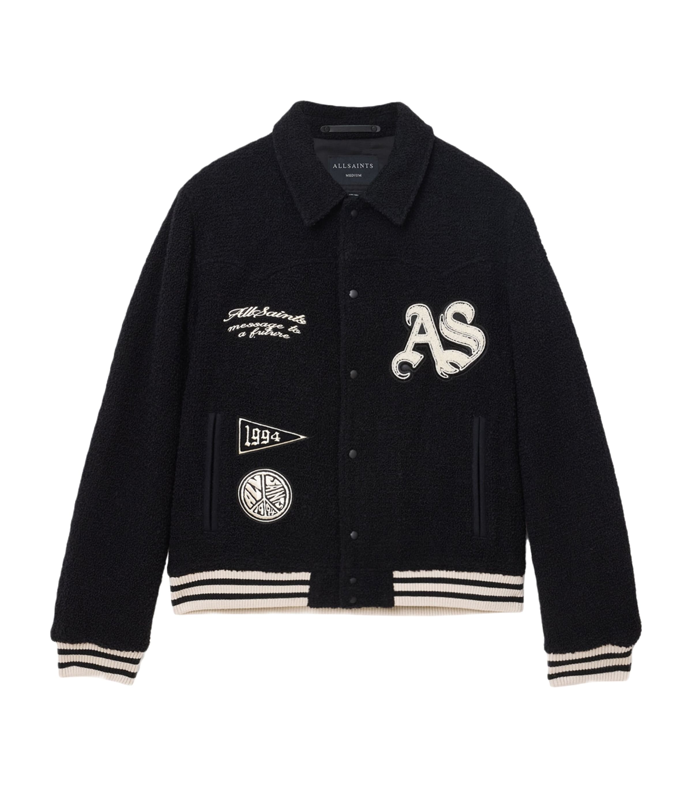 Allsaints Mens Black Baum Logo-embroidered Wool-blend Bomber Jacket In Black