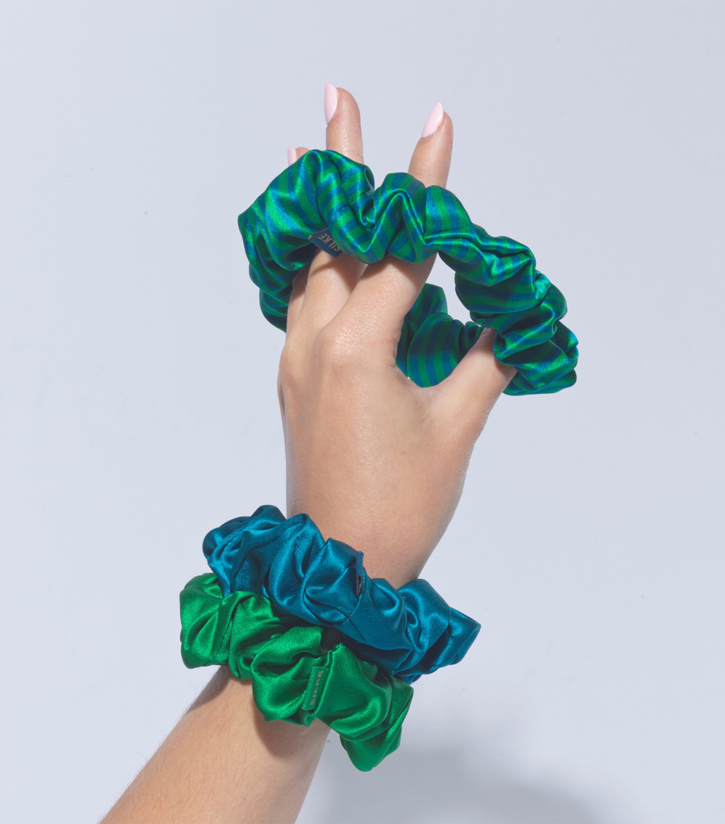 Mulberry Silk Hair Scrunchies (Set of 3) ISLA PACK - BLUE AND GREEN Image 3