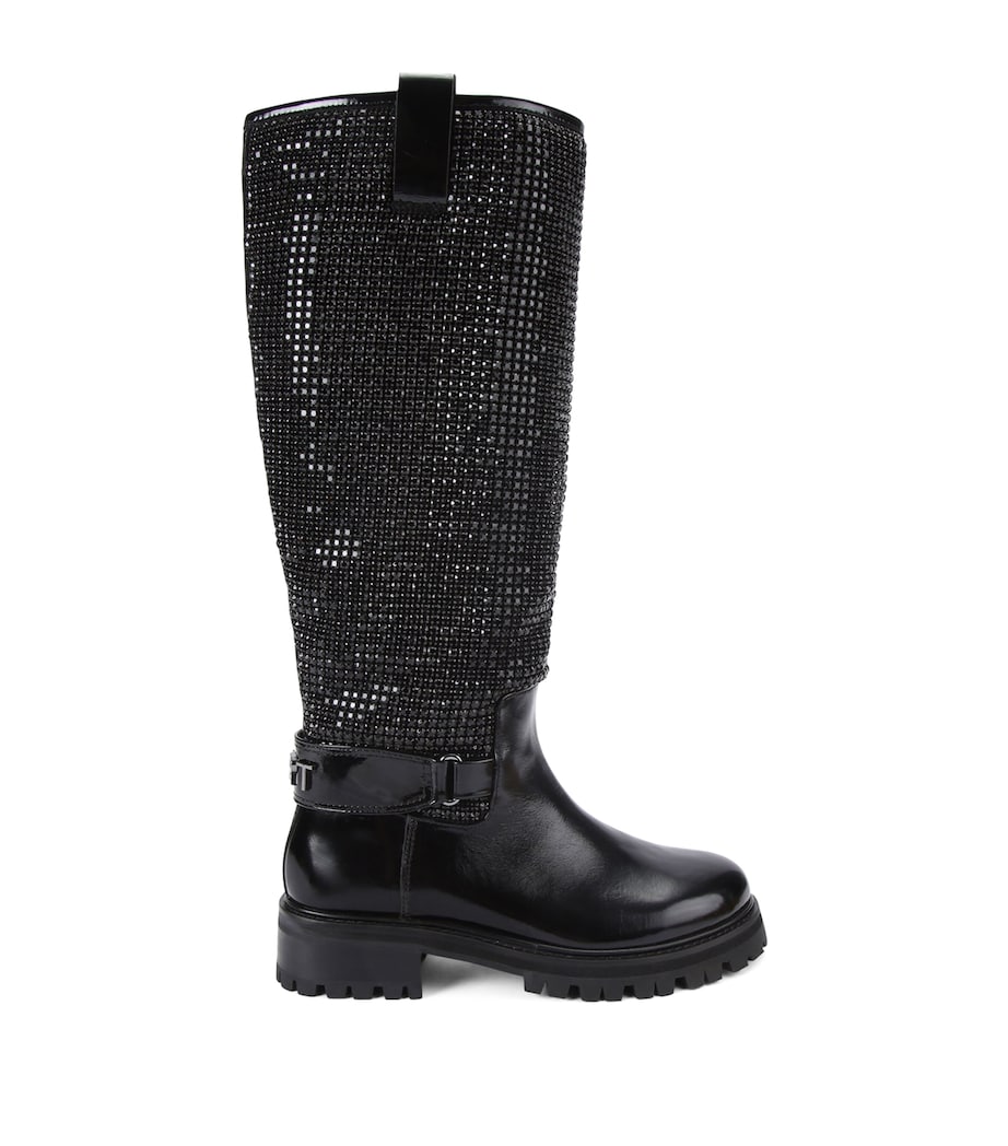 Leather Crystal Knee-High Boots BLACK Image 1