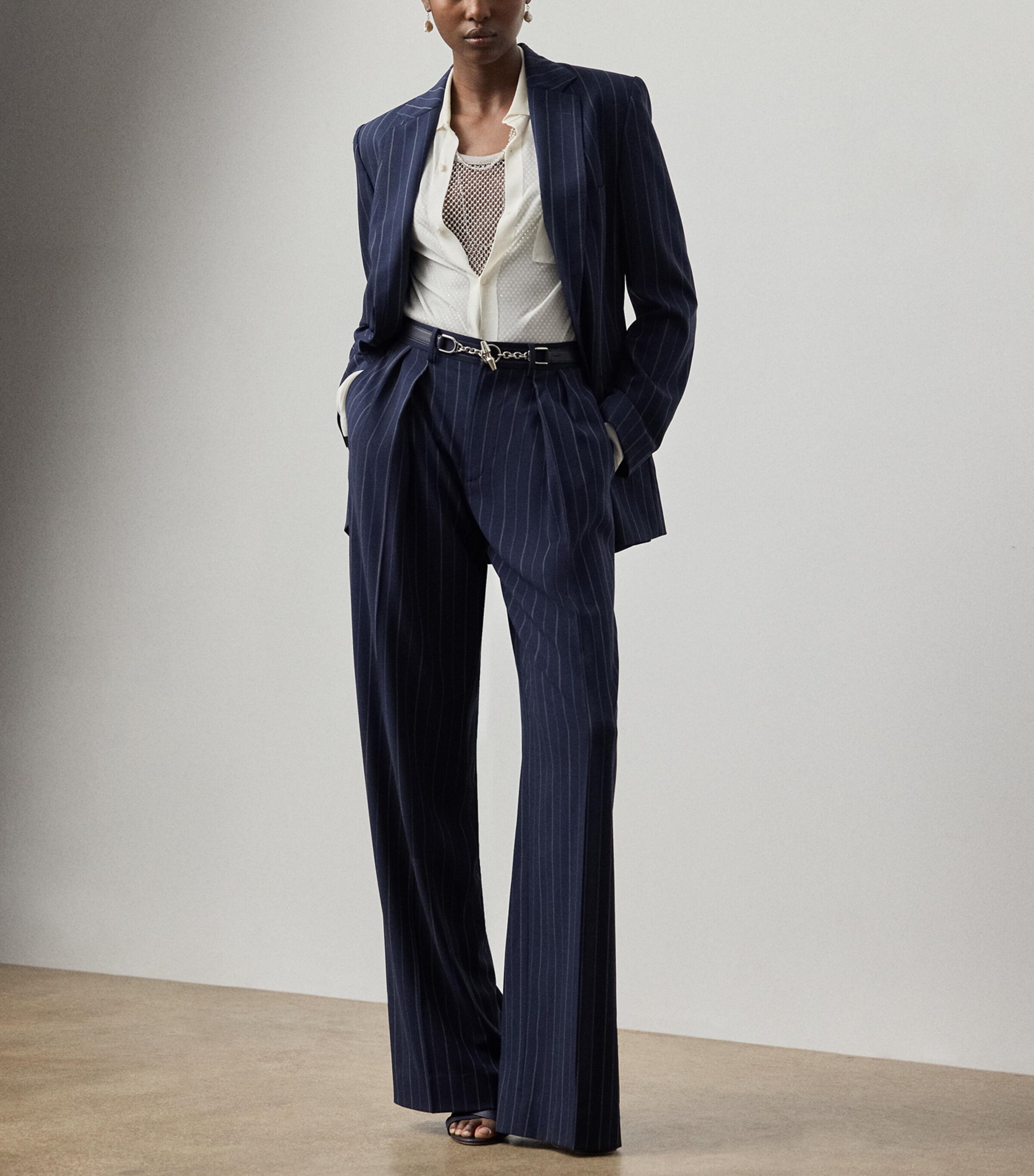 Ralph Lauren Collection Womens Wool Pinstripe Jody Wide-Leg Trousers Navy Image 2