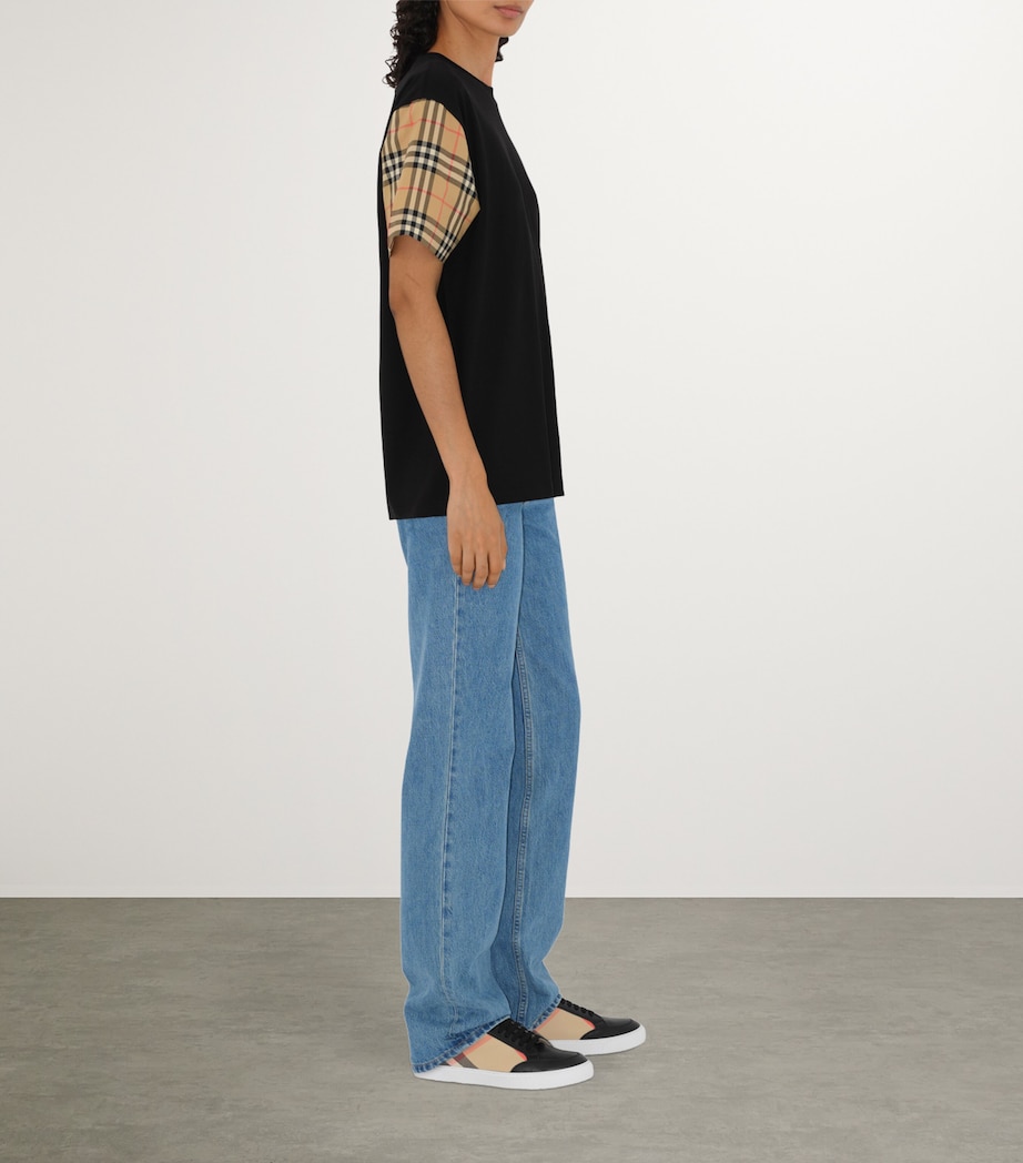 Cotton Check-Sleeve T-Shirt BLACK Image 3