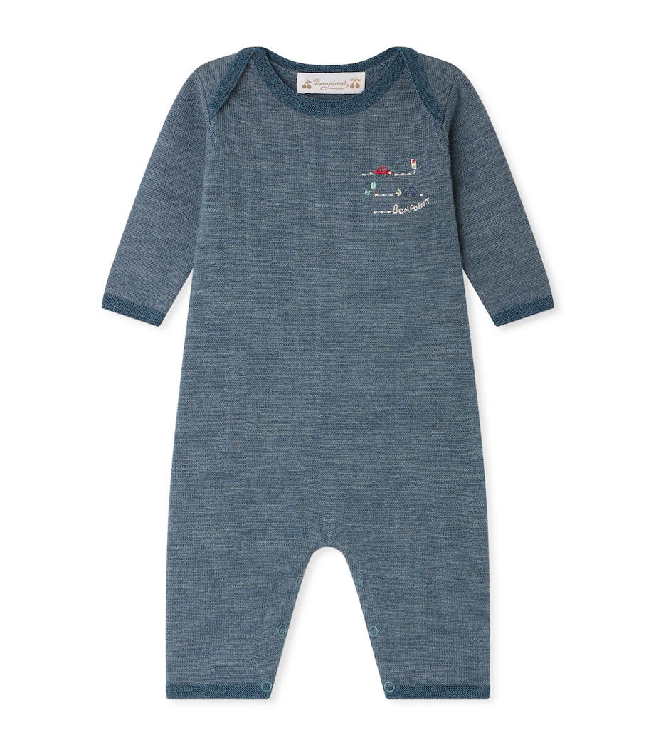 Bonpoint Wool Embroidered-Car Playsuit (1-18 Months) Bleu Mer Image 1