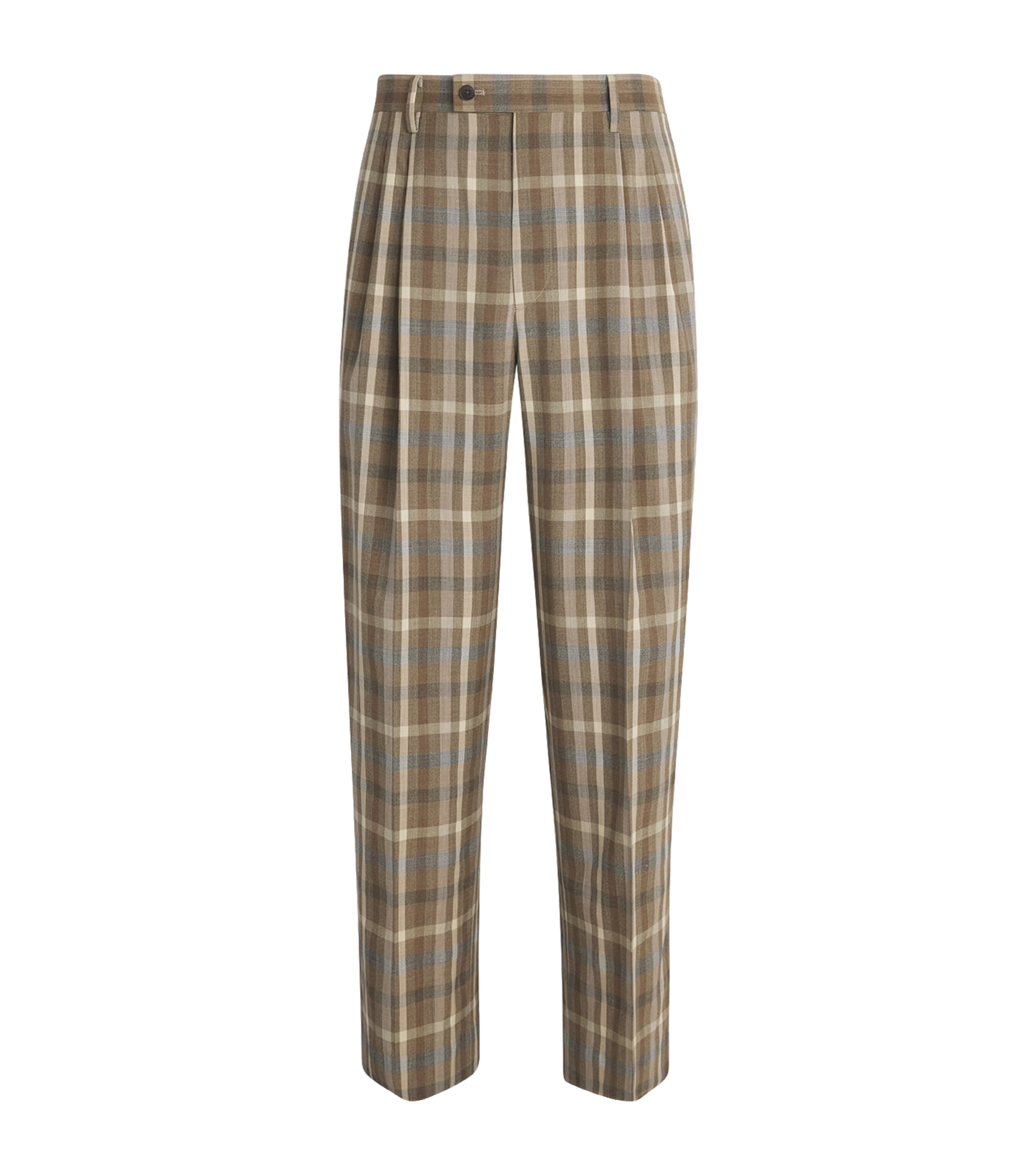 Auralee Mens Wool Check Pleated Wide-Leg Trousers Top Brown Check Image 1