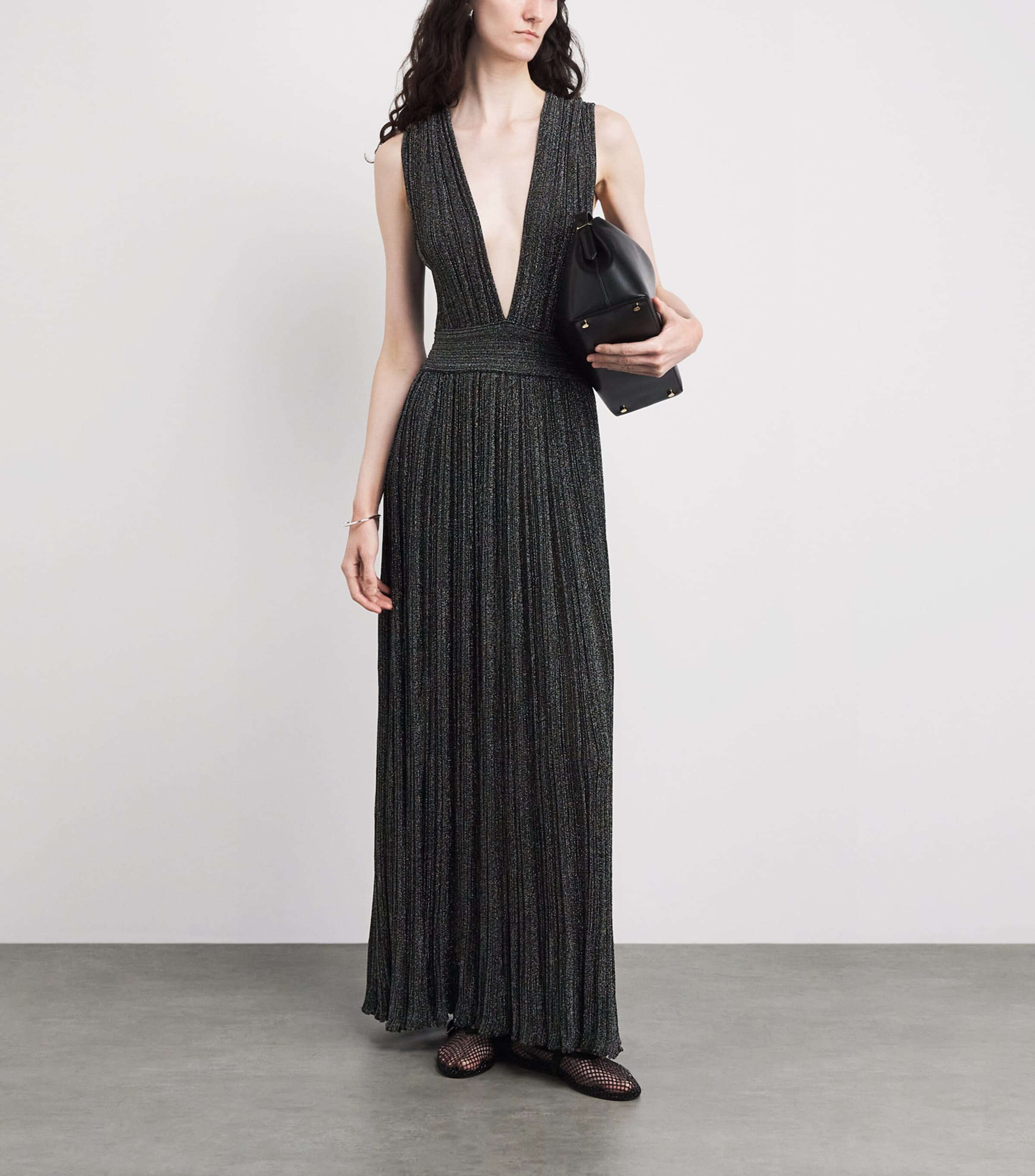 VALENTI Womens Knit Metallic V-Neck Maxi Dress Black Silver Image 2