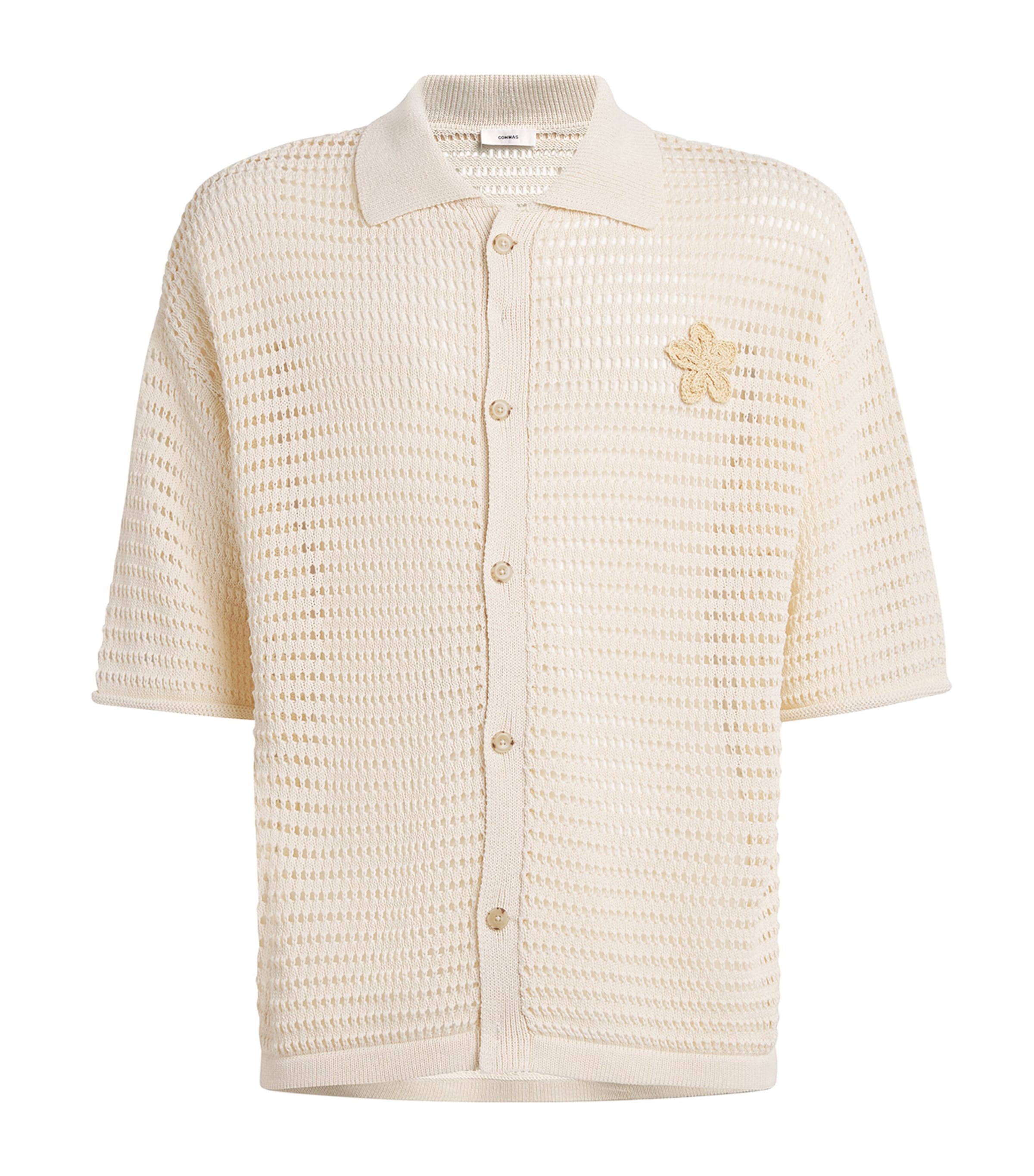COMMAS Mens Crochet Floral Logo Polo Shirt Cream Image 1
