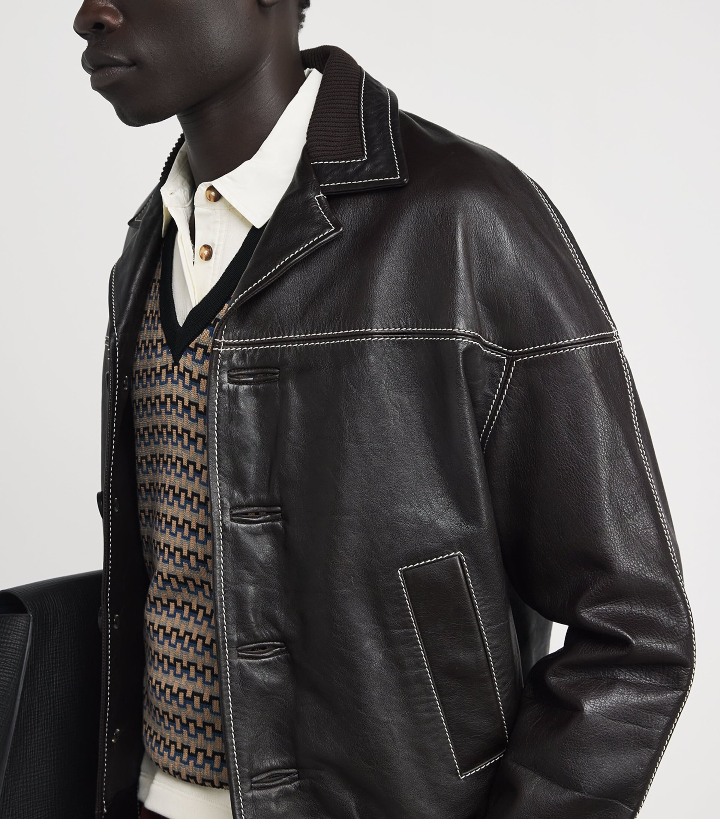 Wales bonner テーラードジャケット レザージャケット 18ss Wales Bonner Brown Topstitched Leather Jacket | Harrods US