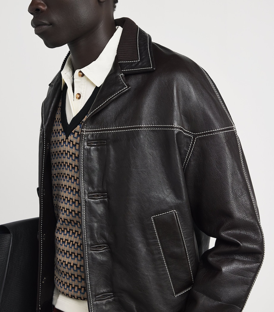 Wales Bonner Mens Topstitched Leather Jacket Dark Brown Image 3