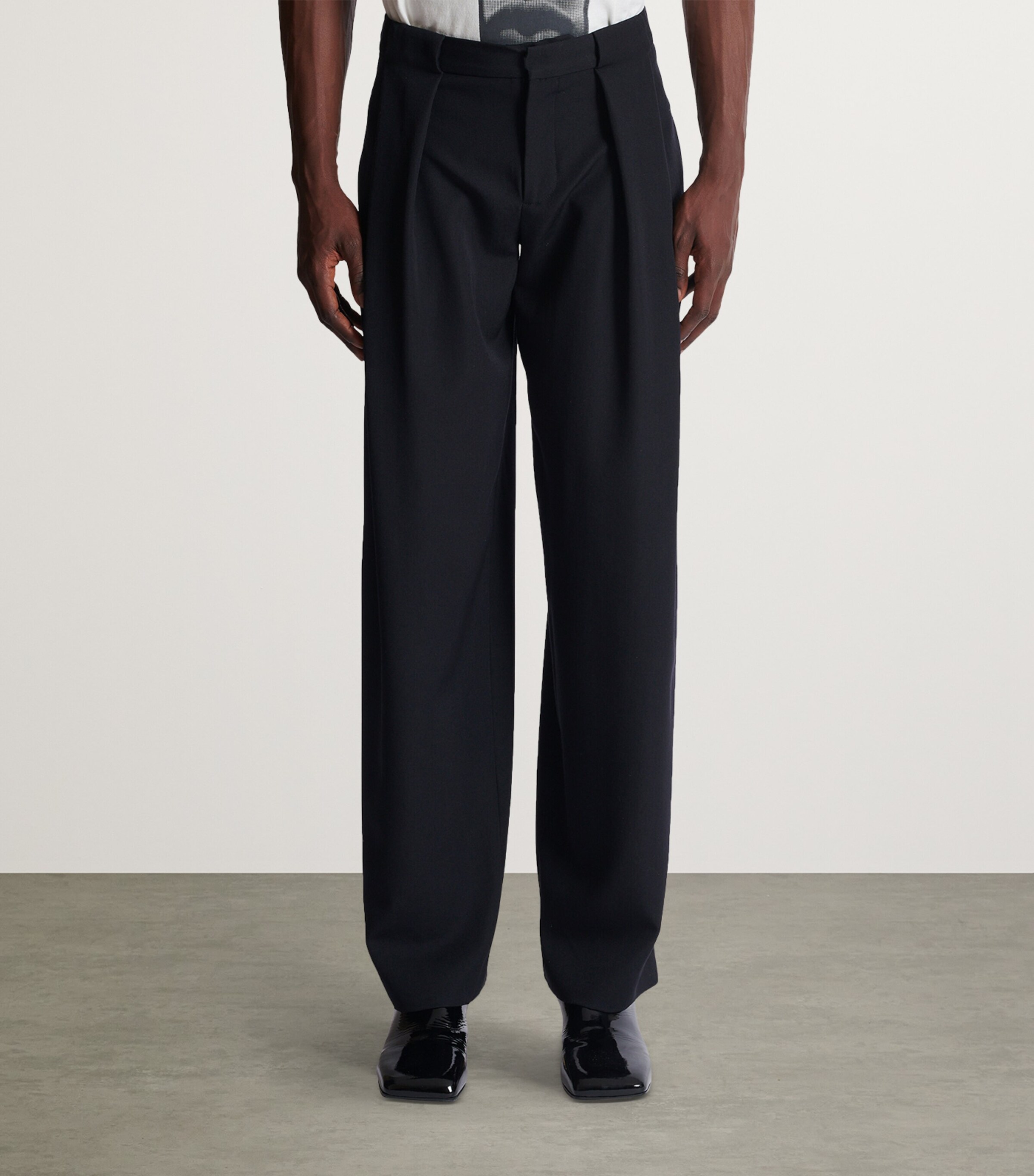 Wool Pleated Straight Trousers 0PA NOIR Image 4