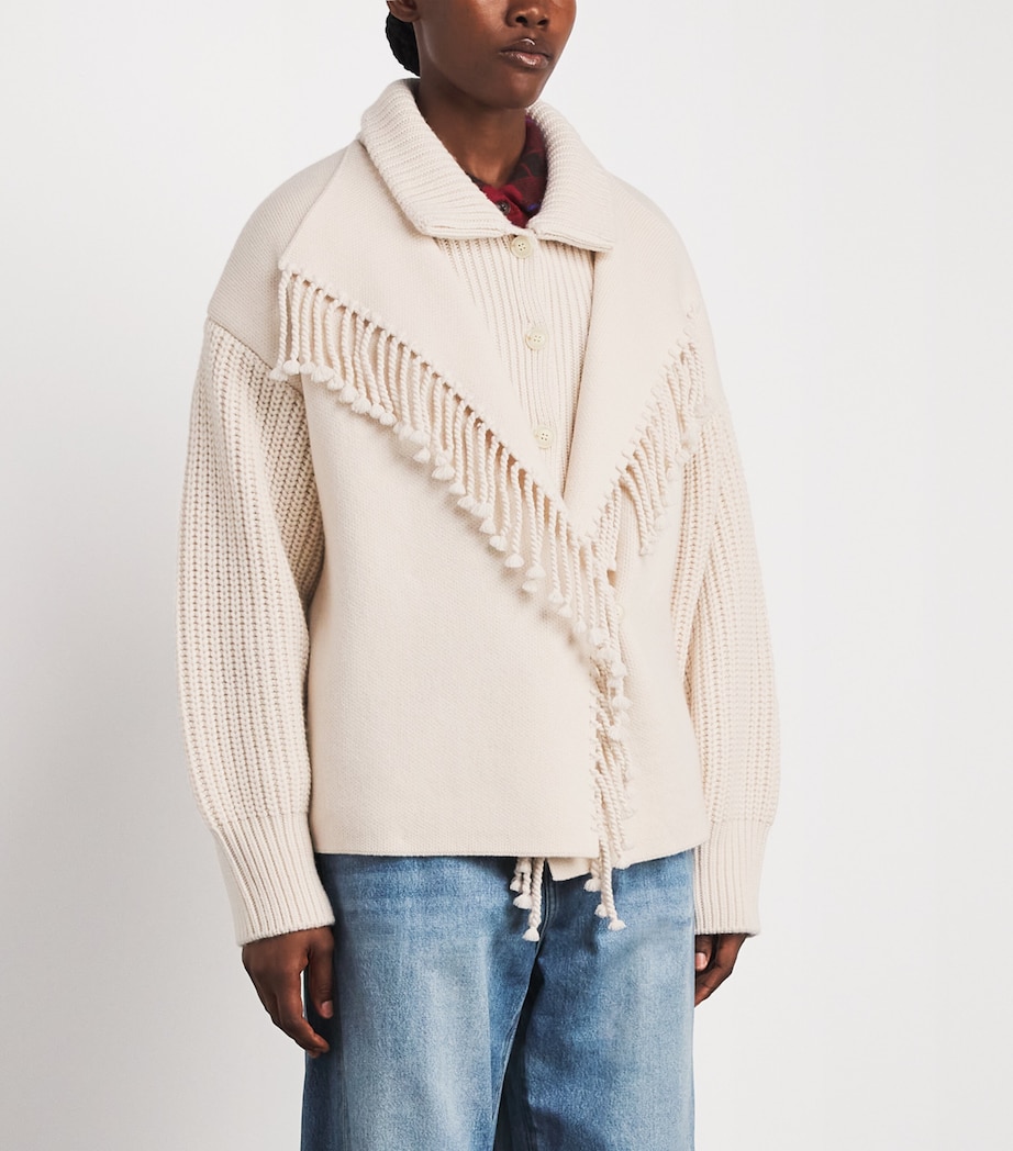 FRAME Womens Wool Jacquard Fringe Coat Ecru Image 4