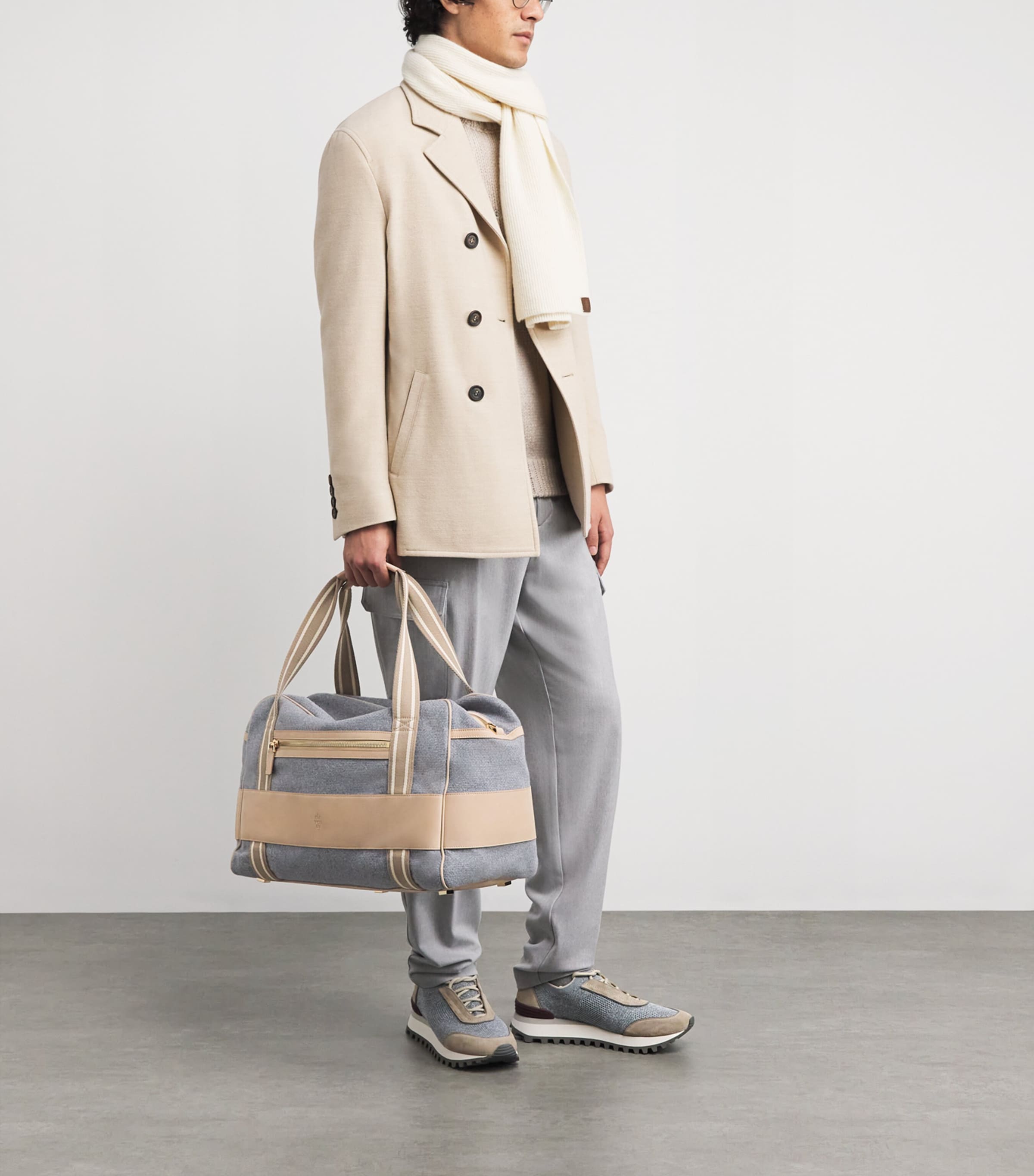 Wool Canvas Leather-Trim Gym Bag GRIGIO ARGILLA Image 5