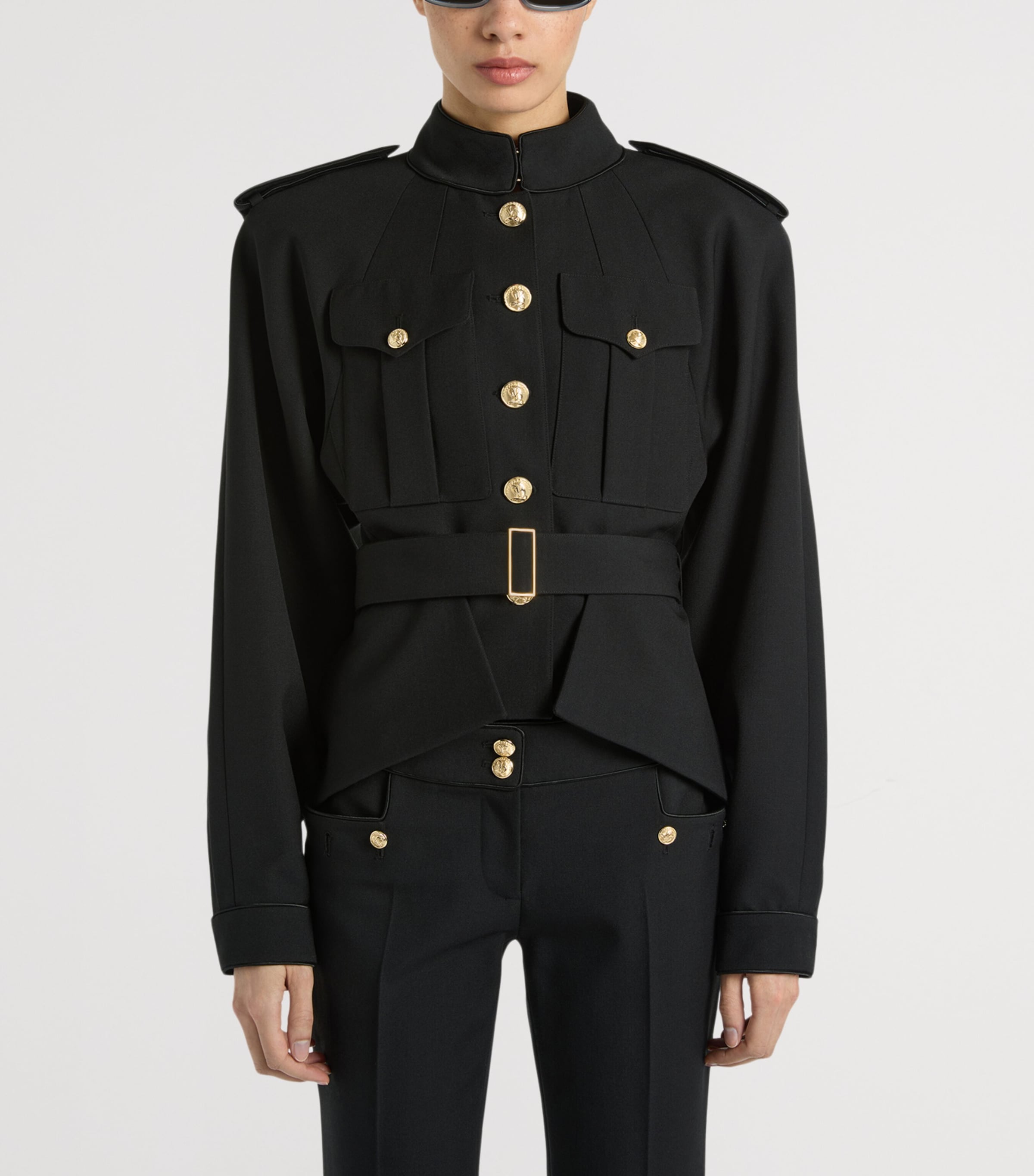 Balmain Womens Virgin Wool Belted Jacket Noir Image 3
