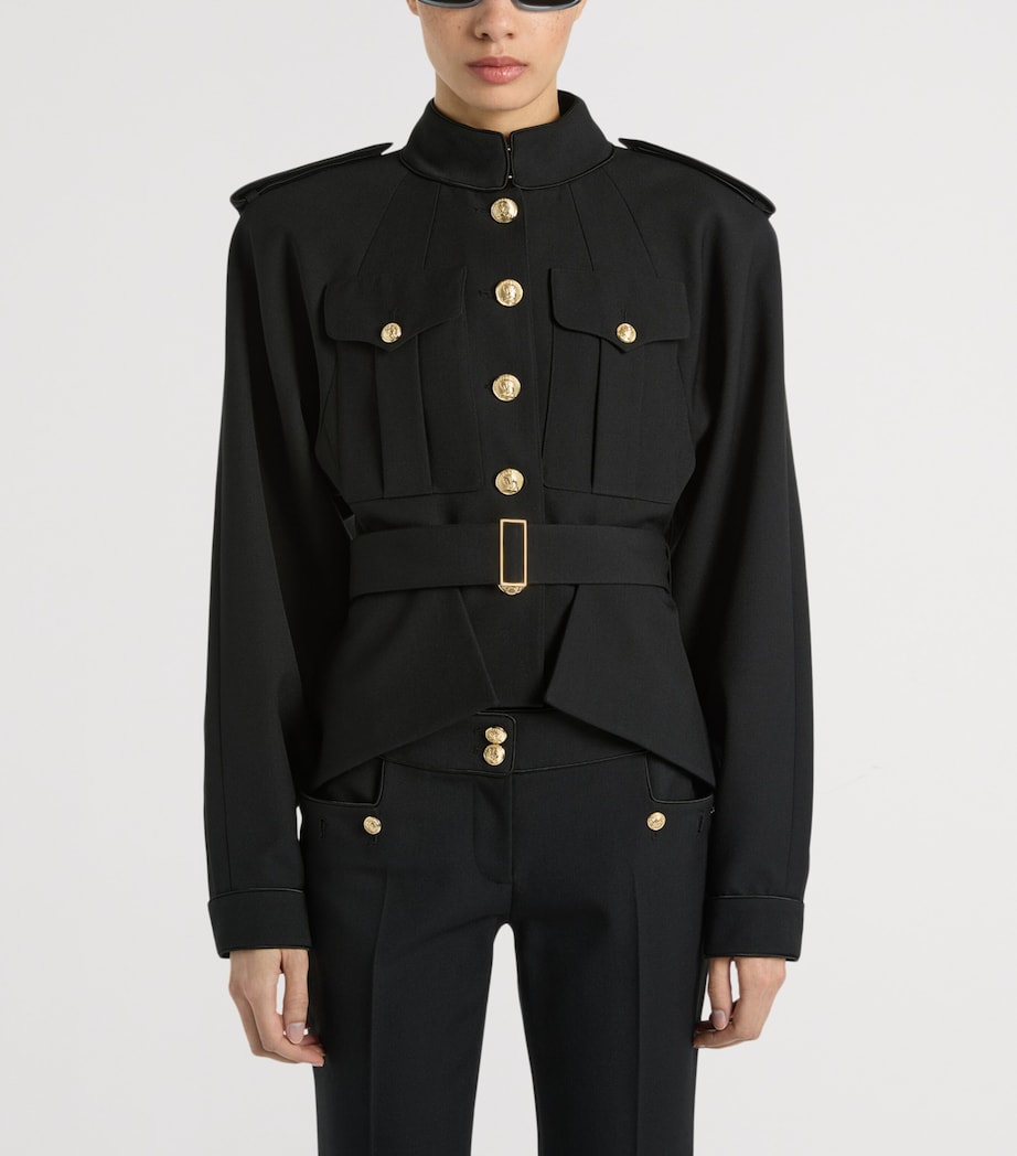 Balmain Womens Virgin Wool Belted Jacket Noir Image 3