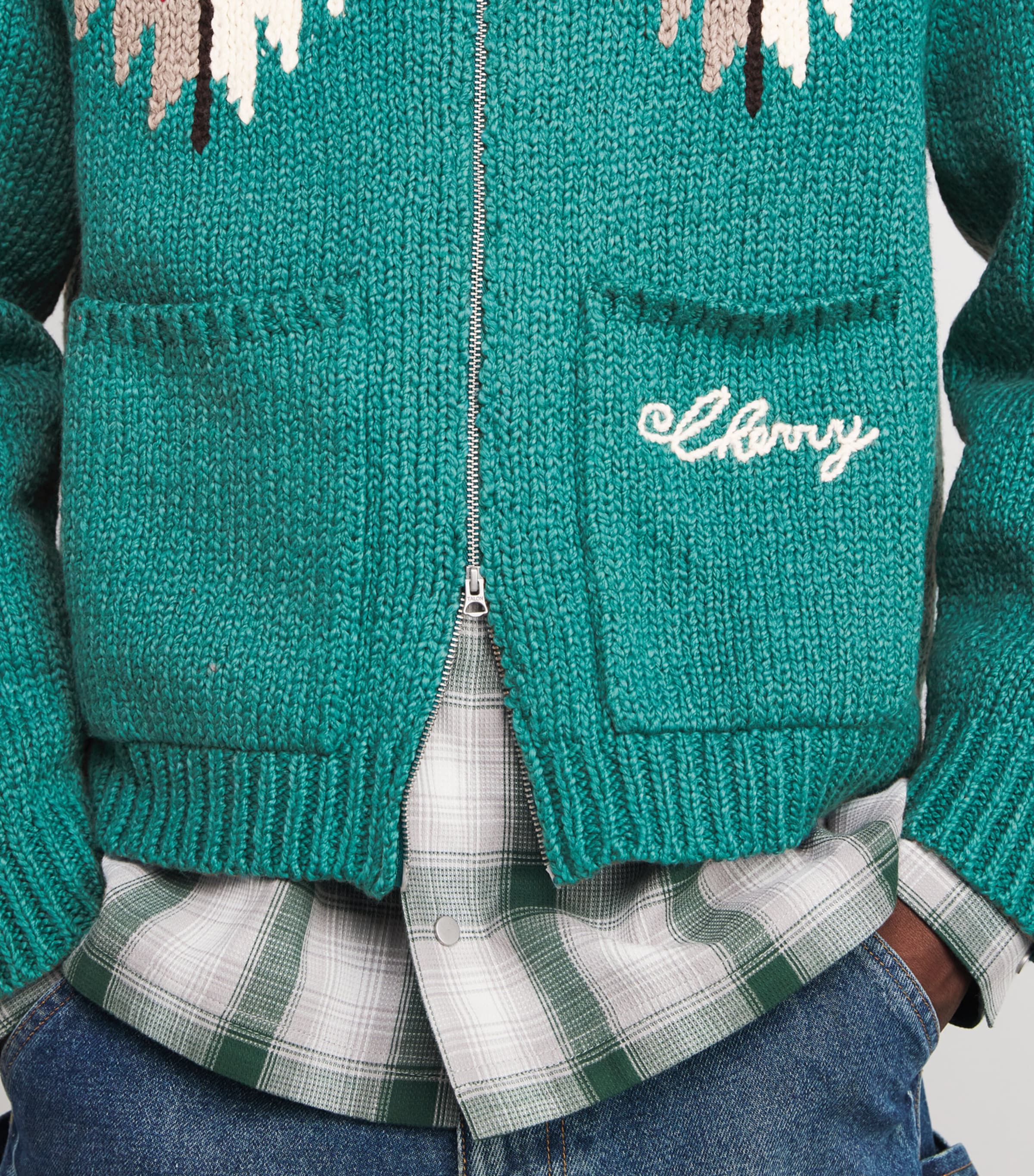 Cotton Navajo Intarsia Zip-Up Cardigan TEAL Image 6