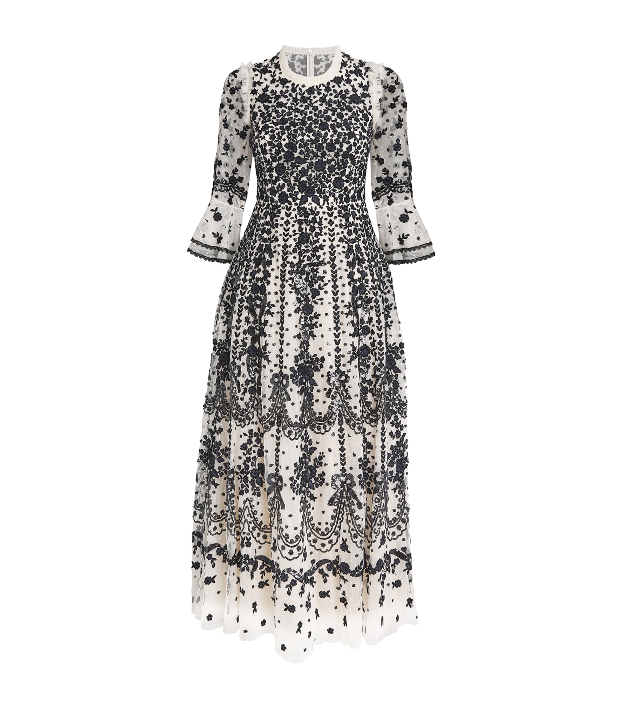 Needle & Thread Adeline Floral-embroidered Tulle Gown In Gray