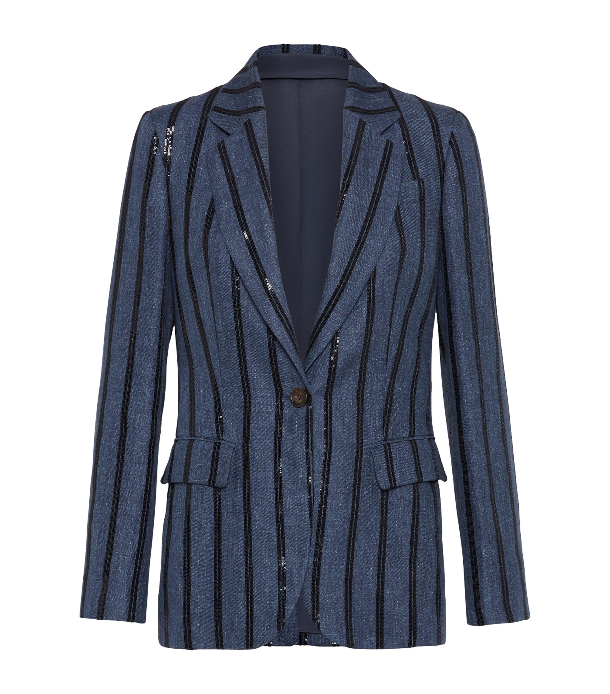 Brunello Cucinelli Paillette Striped Denim-effect Linen Single-breasted Blazer In Blue