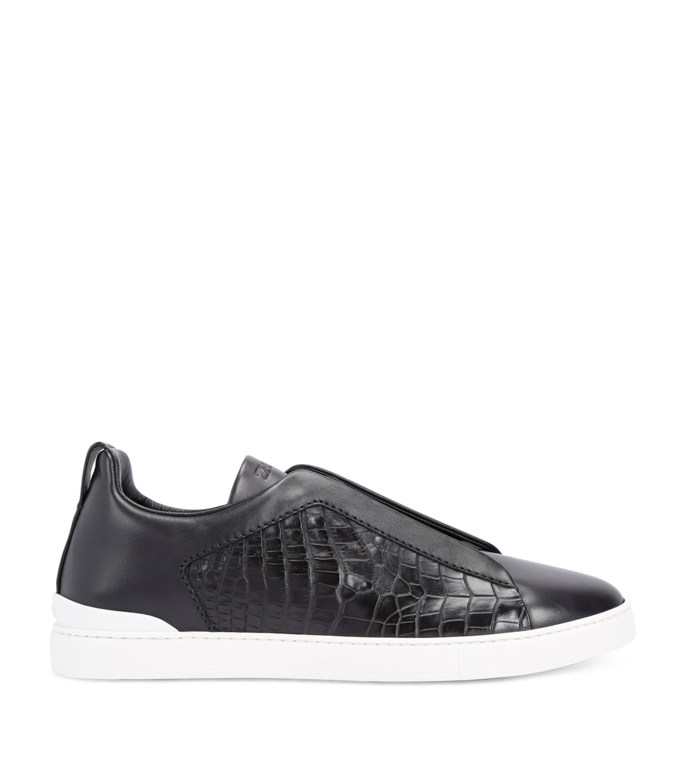 Zegna Crocodile Leather Triple Stitch Sneakers Blk/white Image 3