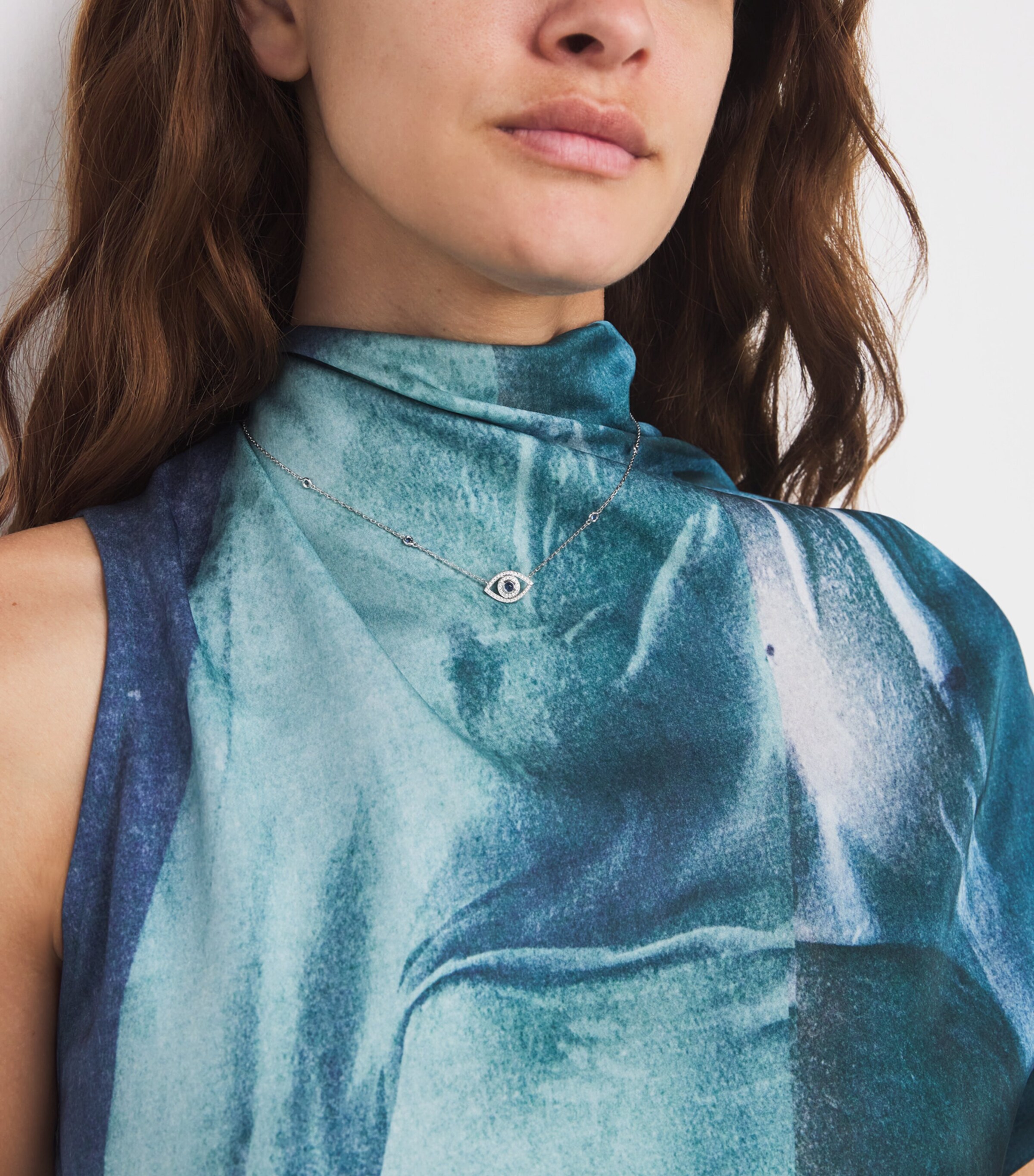 White Gold, Diamond and Sapphire Mini Evil Eye Necklace WHITE GOLD Image 2