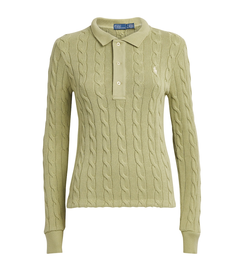 Cotton Cable-Knit Long-Sleeve Polo Shirt LIGHT OLIVE Image 1