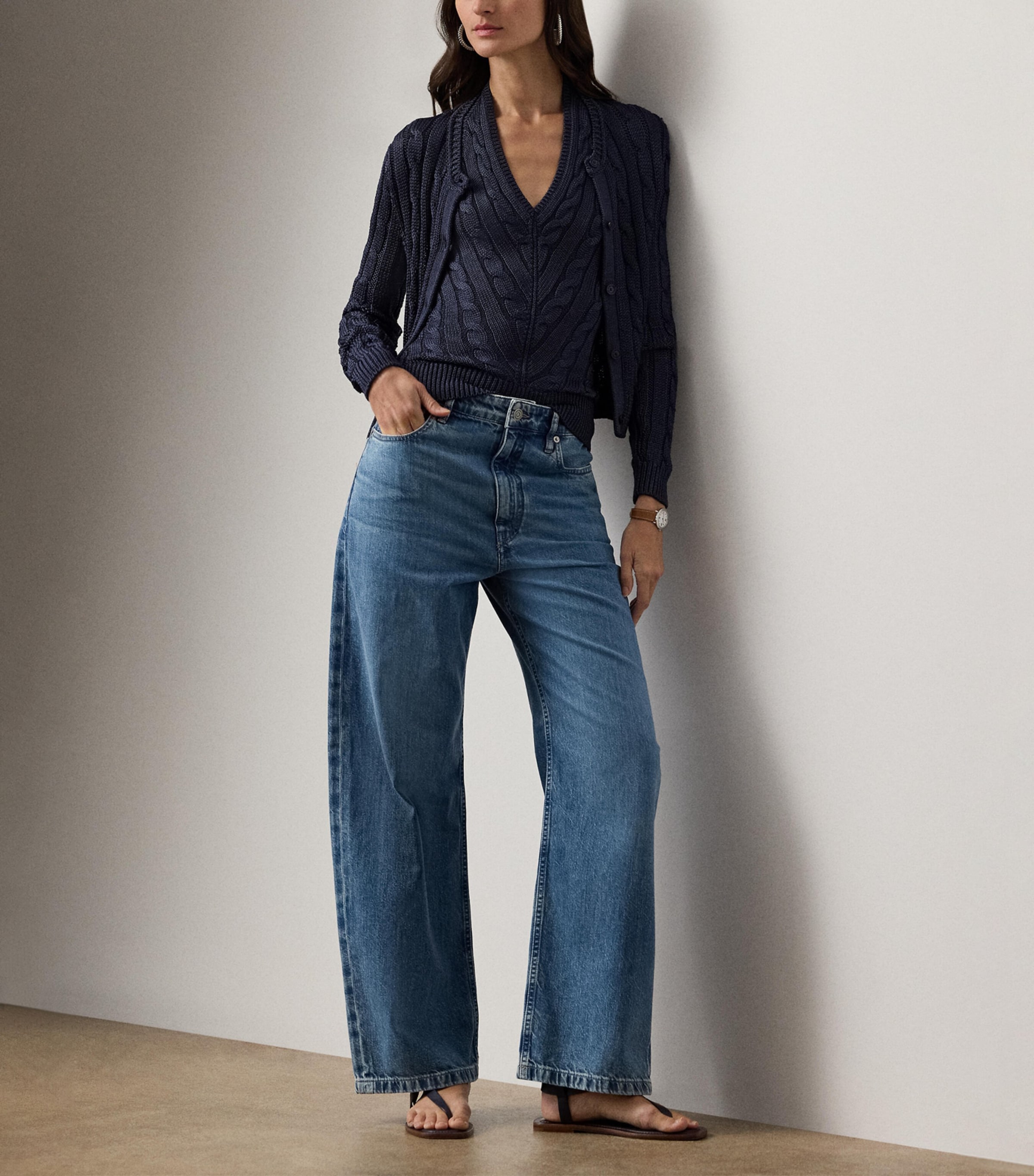 Silk Cable-Knit Cropped Cardigan NAVY-410 Image 2