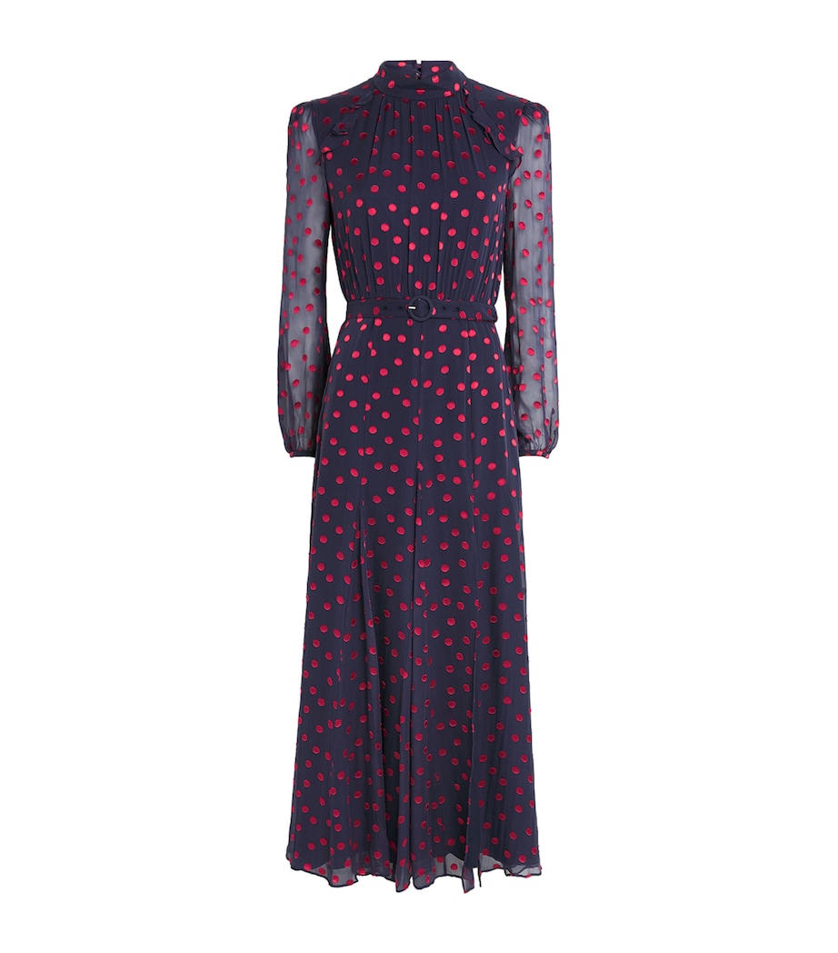 Saloni Womens Silk-Blend Devoré Polka Dot Jacqui B Midi Dress Navy Brght Rouge Image 1