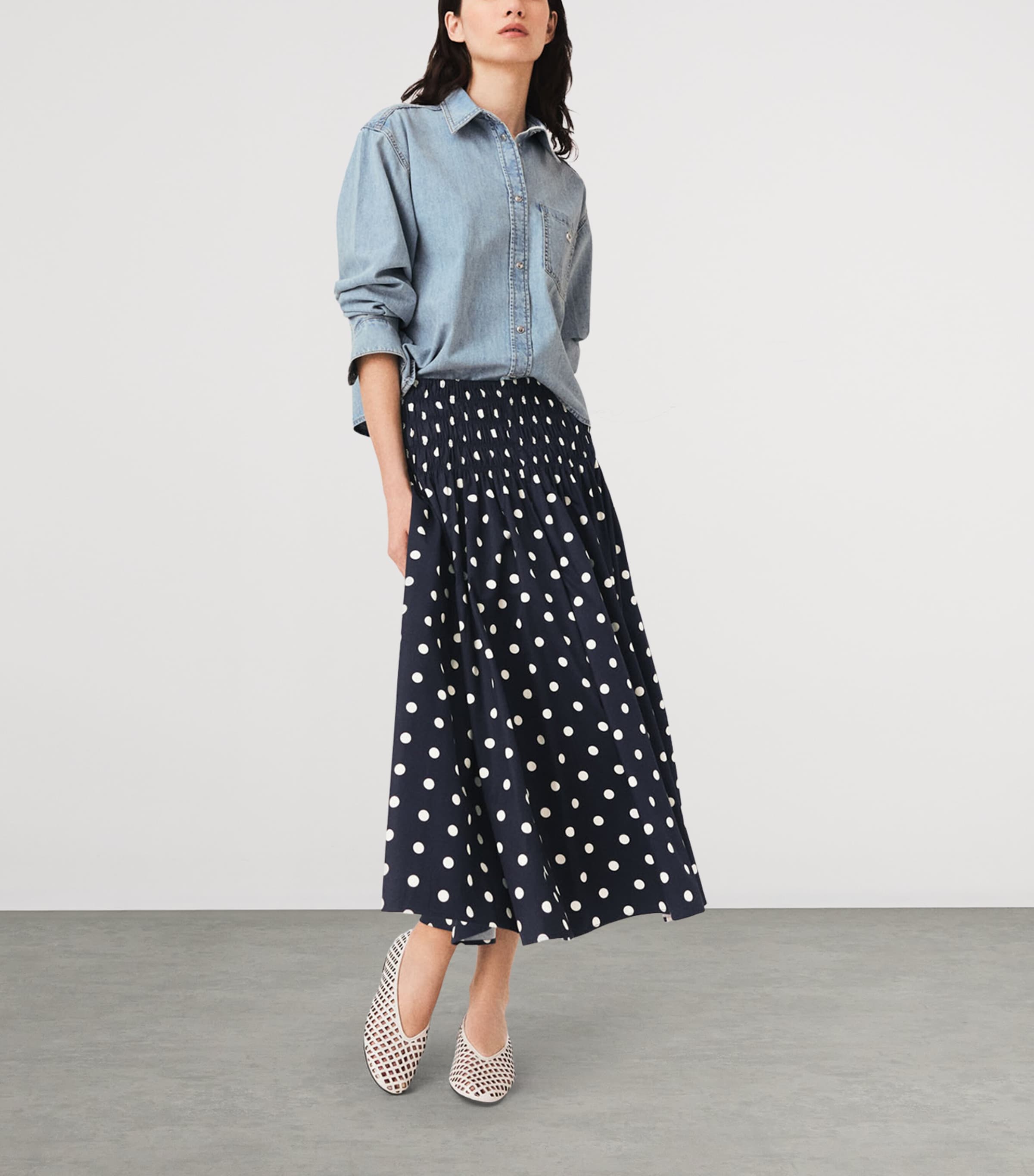 Maje Womens Cotton Polka-Dot Maxi Skirt Navy Dots Print Image 5