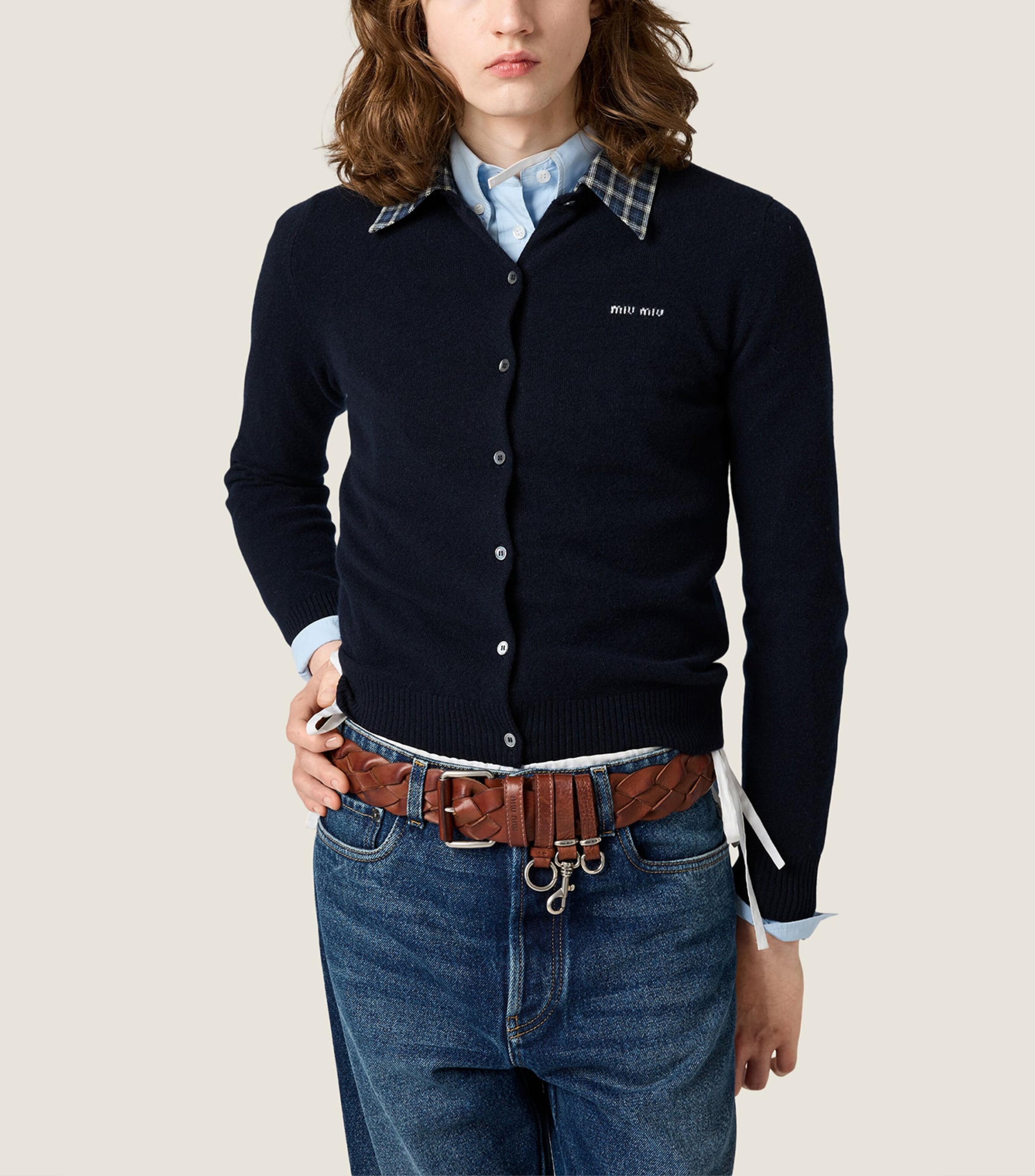 Miu Miu Womens Cashmere Check-Collar Cardigan Blue Image 2