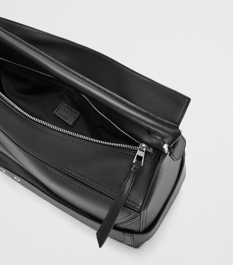 Large Leather Puzzle Edge Top-Handle Bag BLACK Image 6