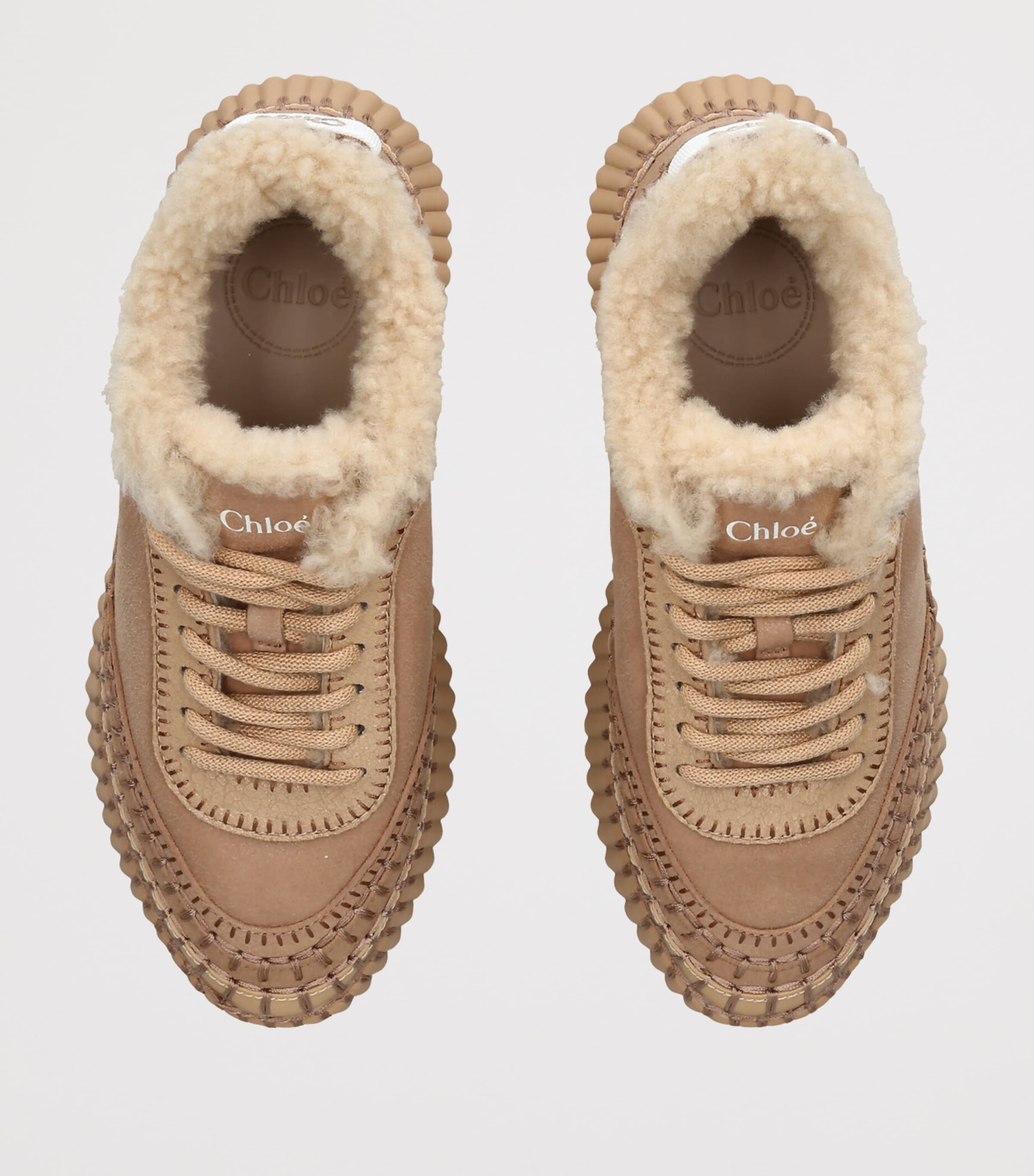 Chloé Leather Shearling Nama Runner Sneakers Tan Image 3