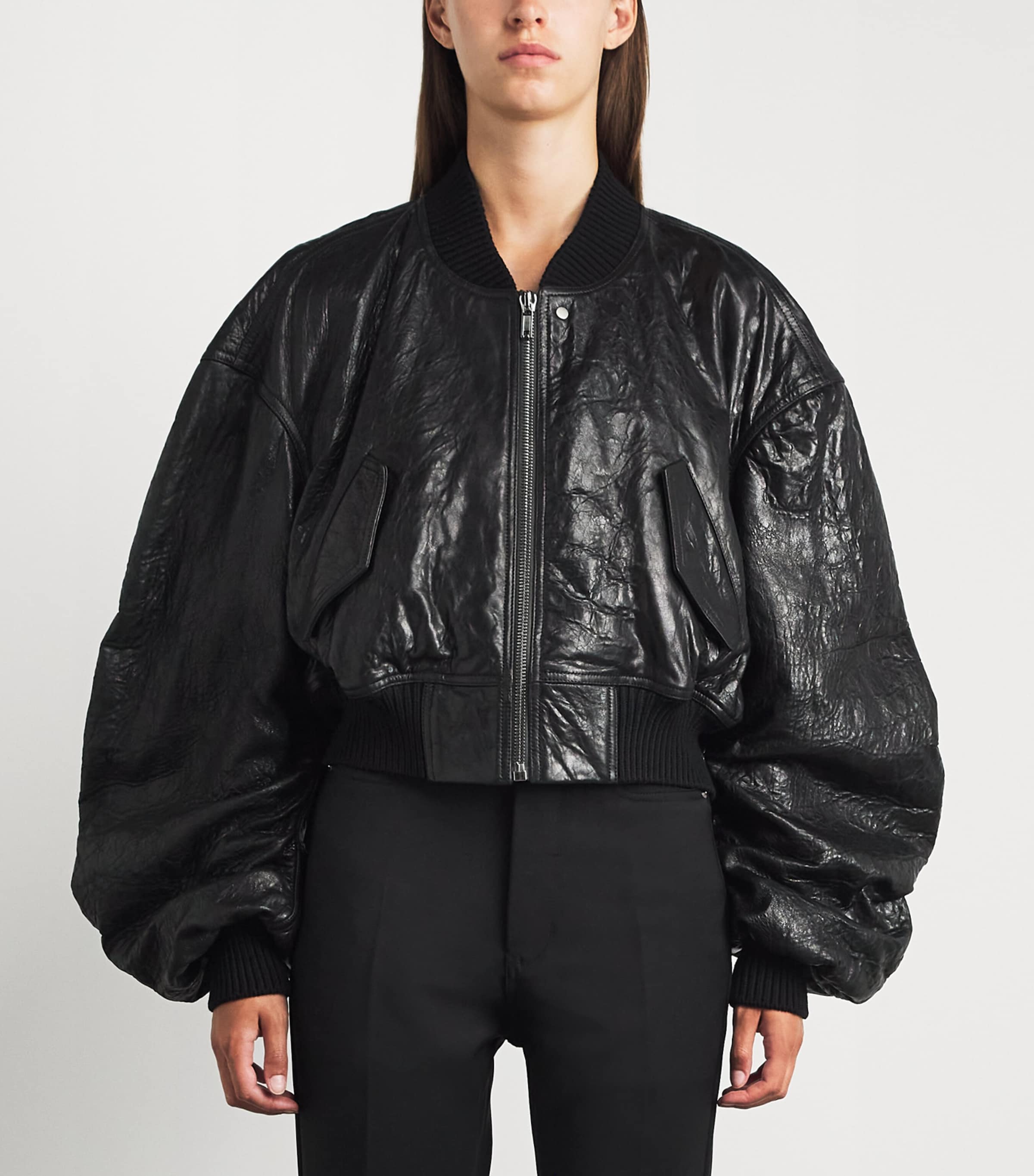 Rick Owens Womens Crinkled Leather Bomber Jacket Black Image 4