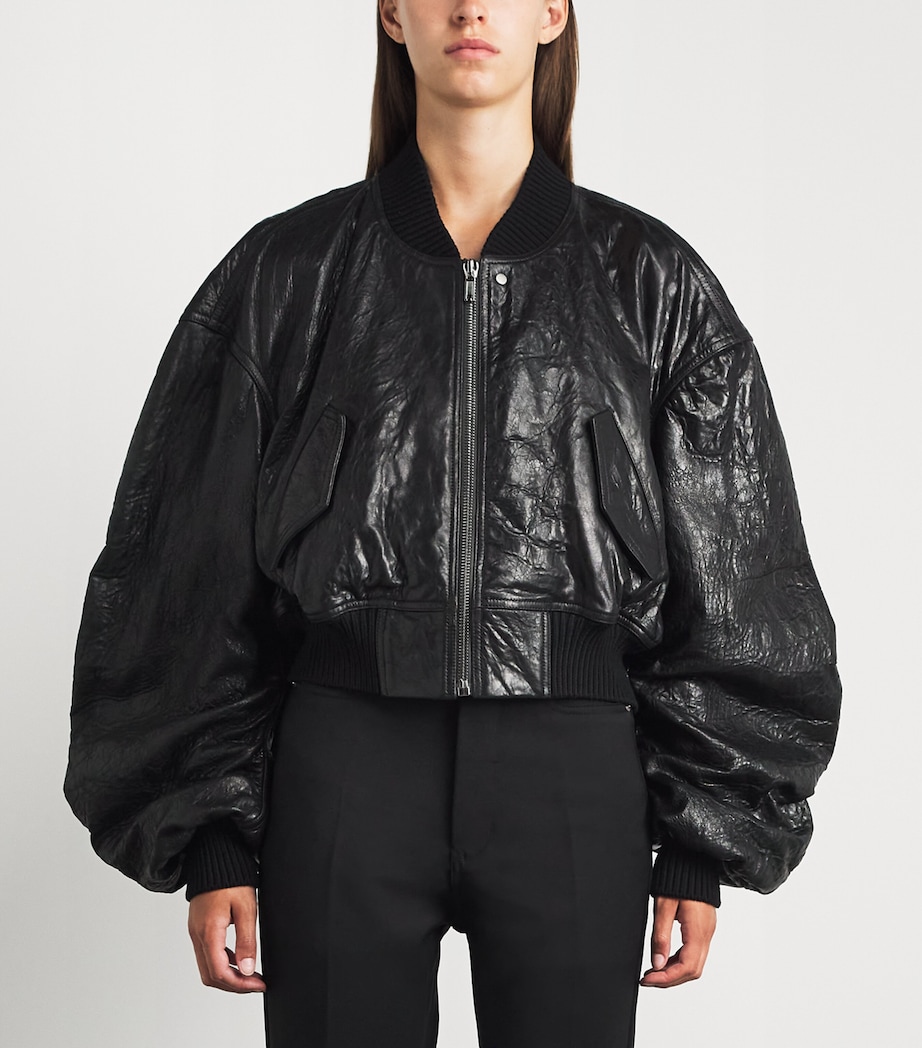 Rick Owens Womens Crinkled Leather Bomber Jacket Black Image 4