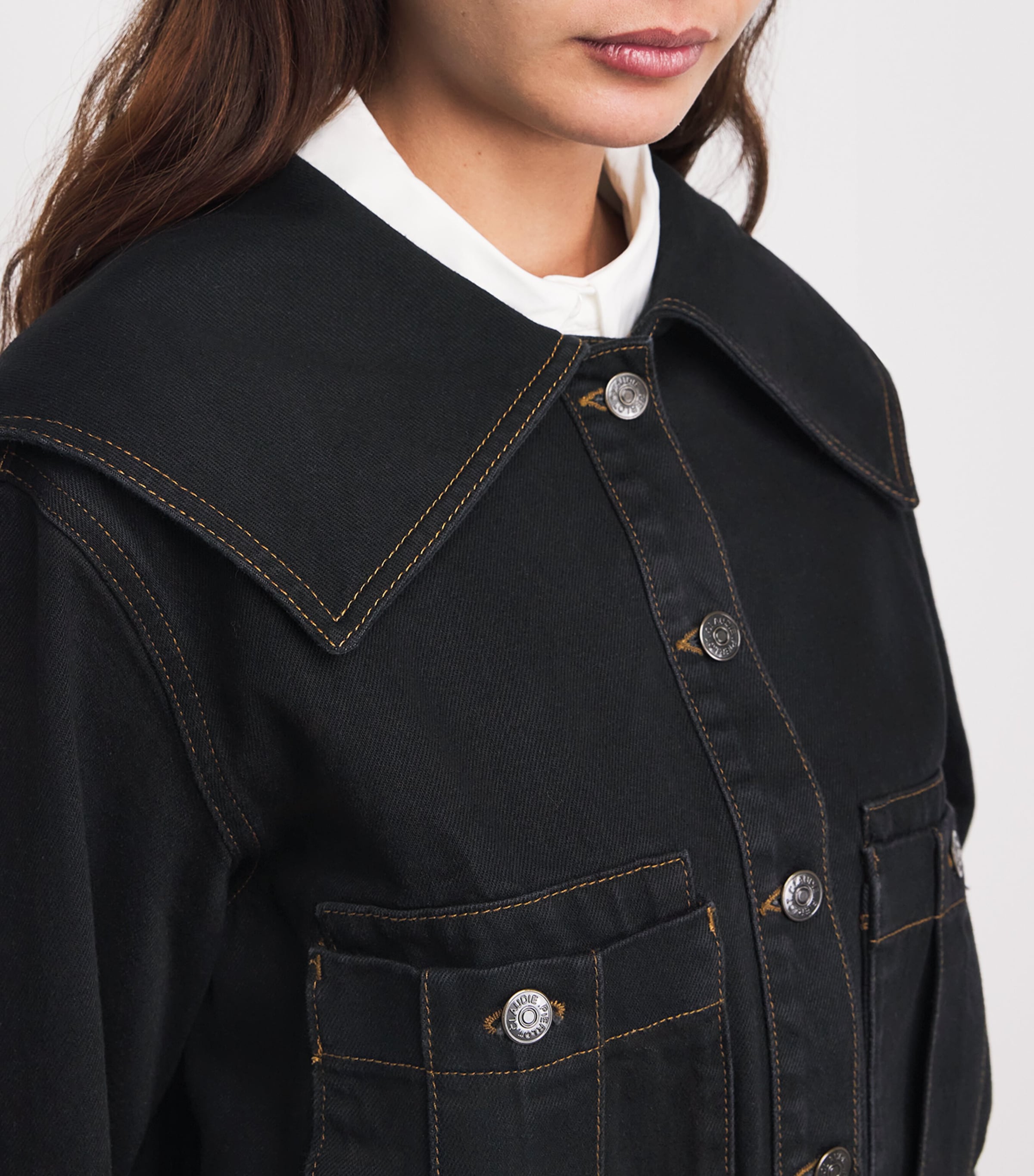 Claudie Pierlot Womens Contrast-Stitch Denim Jacket Black Image 3