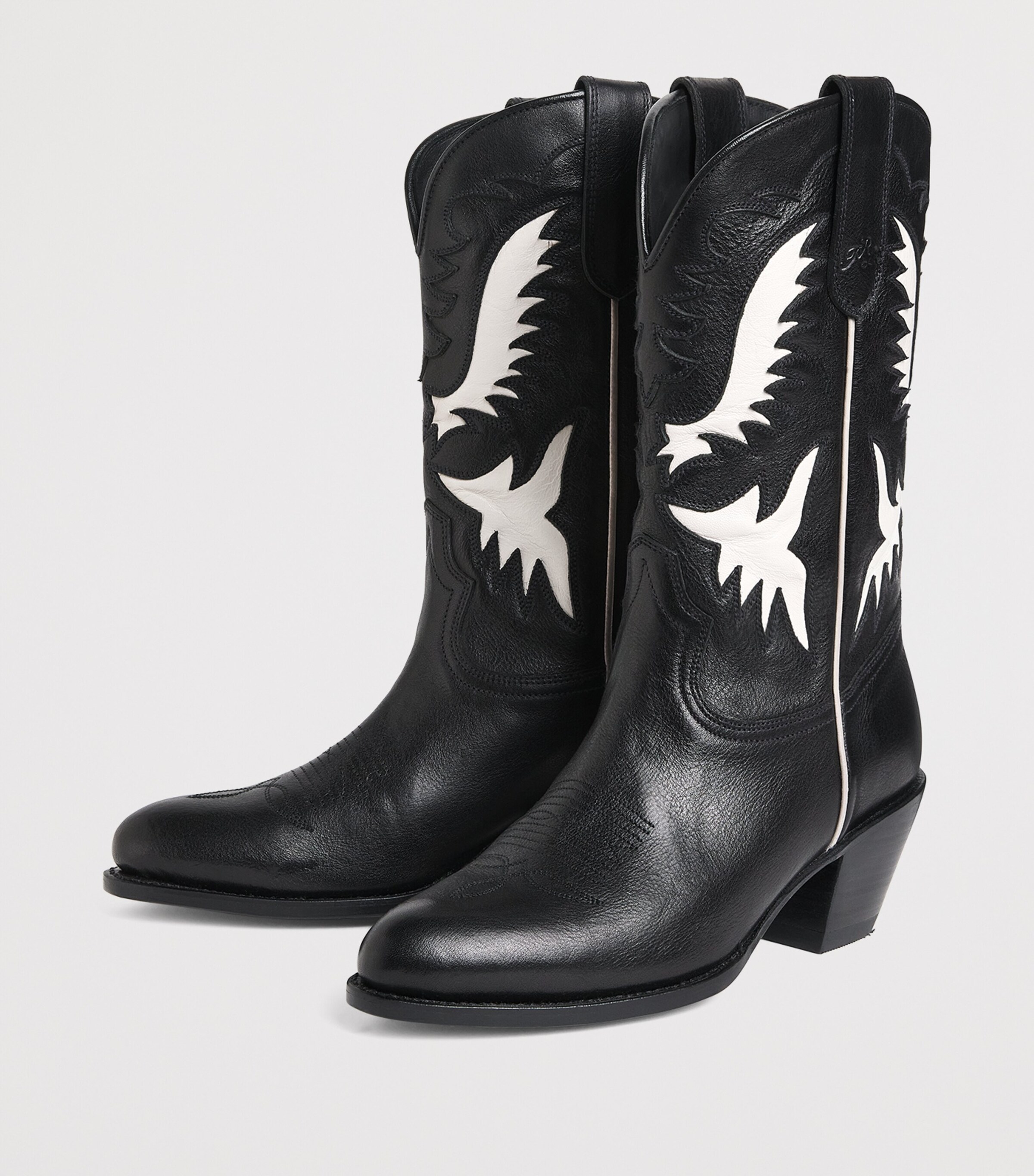 Leather Western Cowboy Boots 60 BLACK/CREAM Image 2