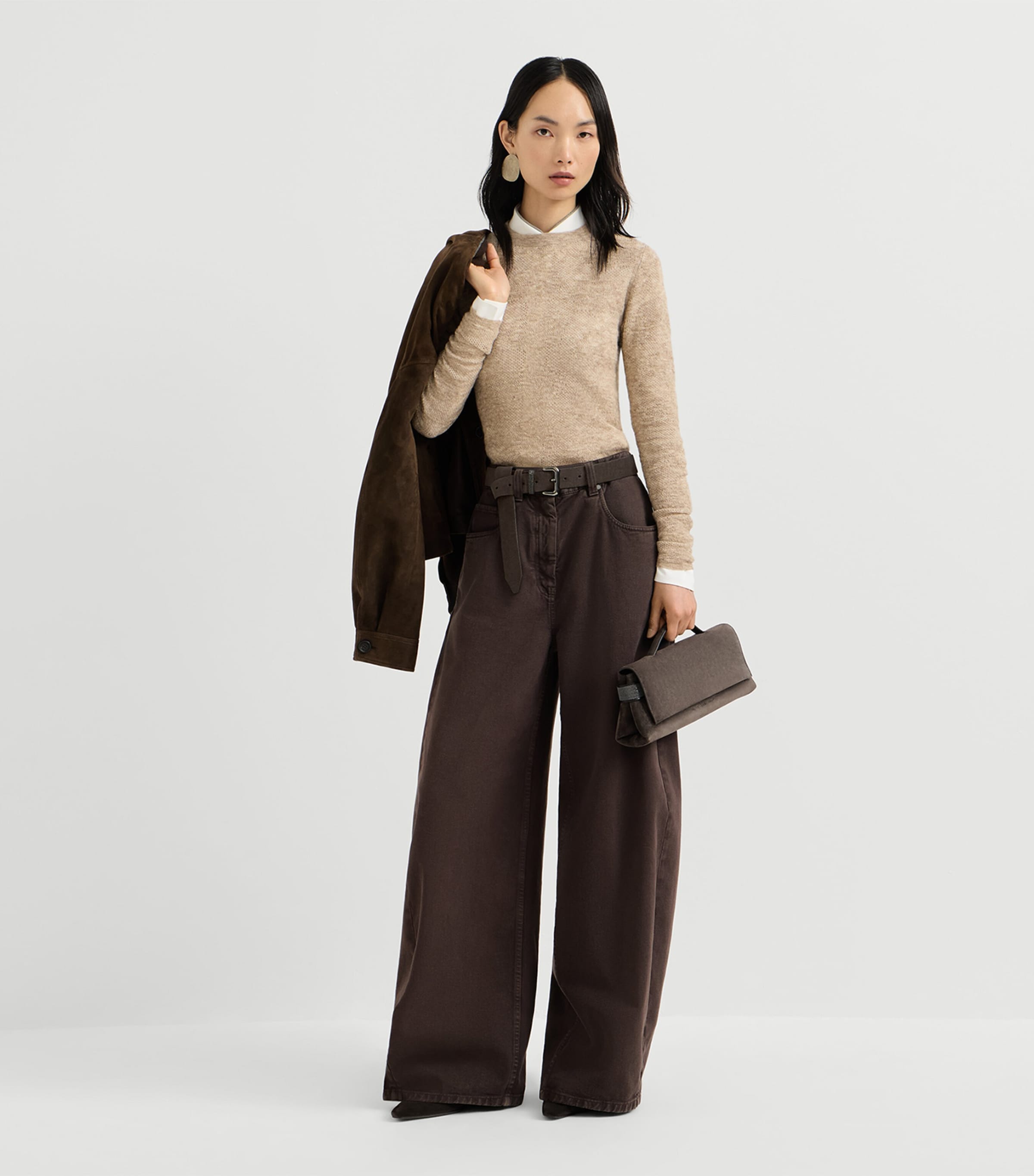 Brunello Cucinelli Womens Silk-Alpaca-Wool Lace-Detail Sweater Brown Image 3