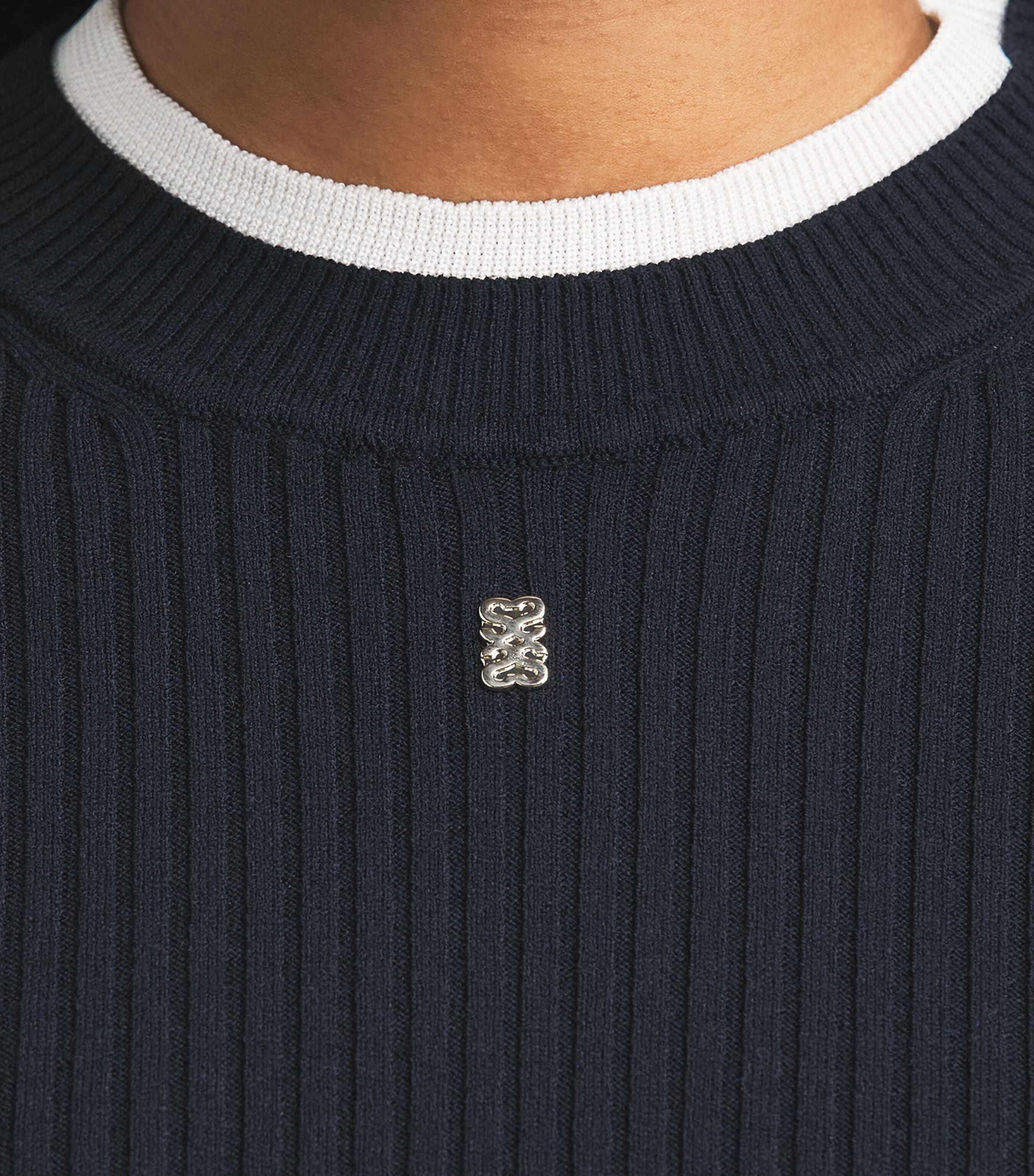 Sandro Paris Womens Ribbed Contrast-Trim Logo Sweater Navy Blue Image 3