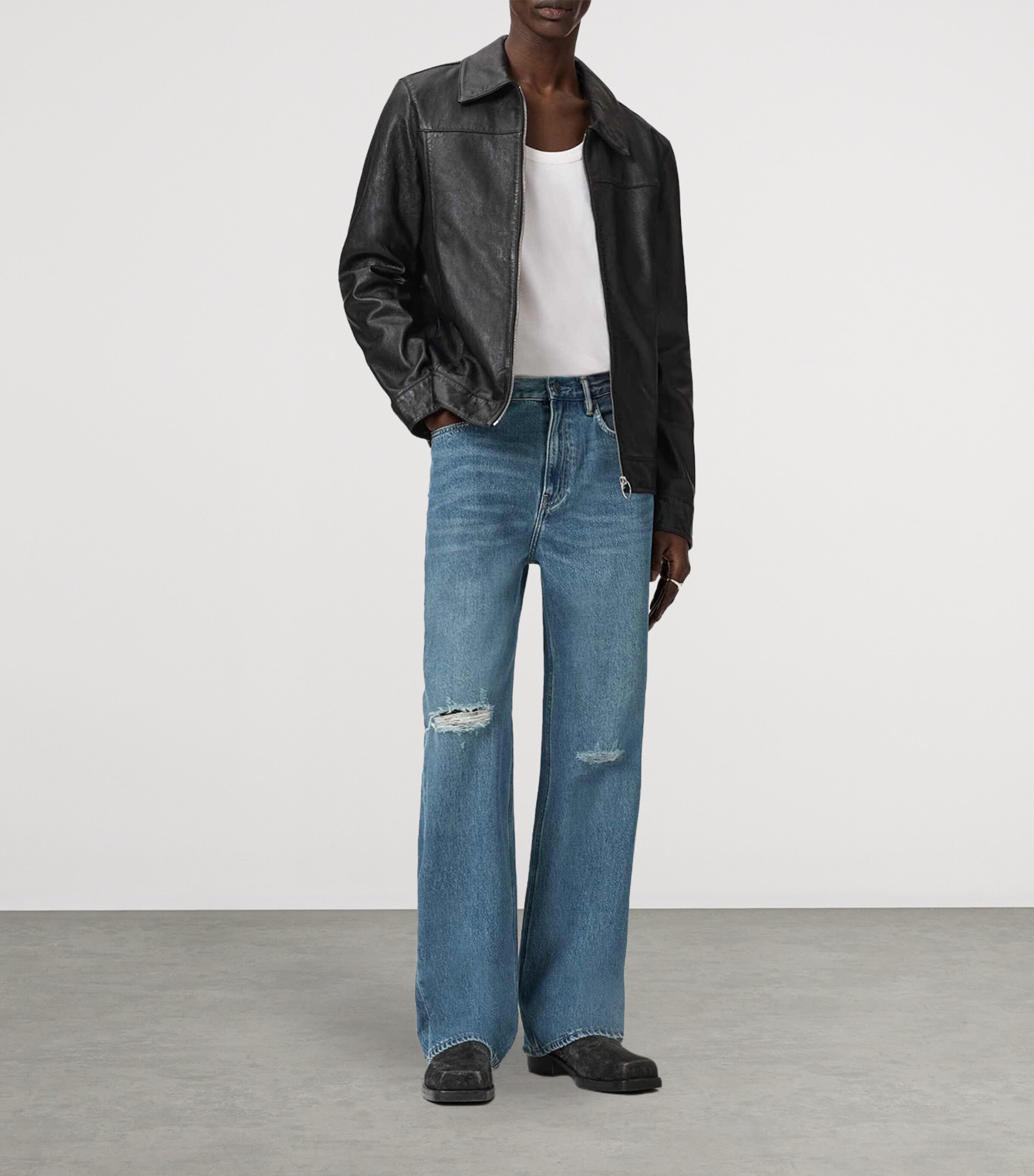 AllSaints Mens Distressed Lenny Straight Jeans Destroy Mid Indigo Image 7