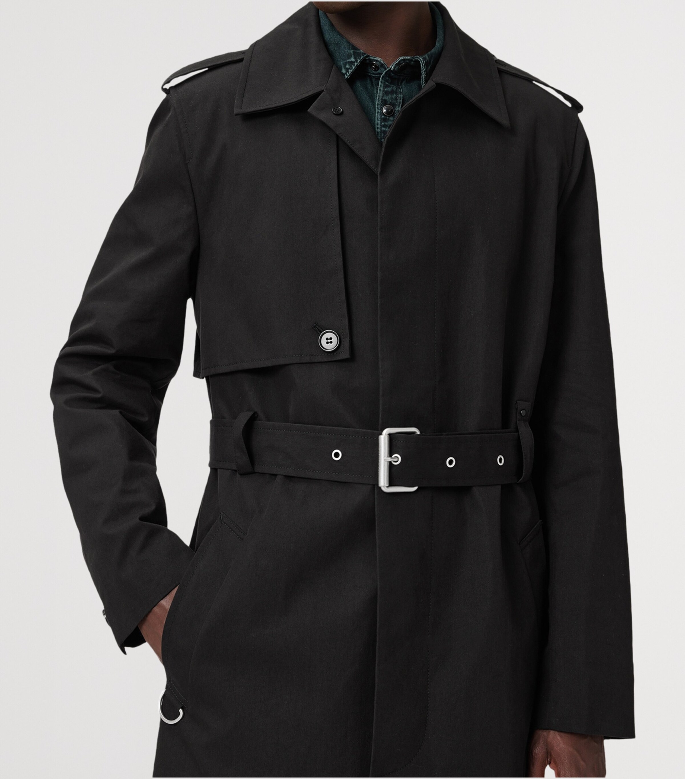AllSaints Mens Cotton-Blend Bastille Trench Coat Black Image 8