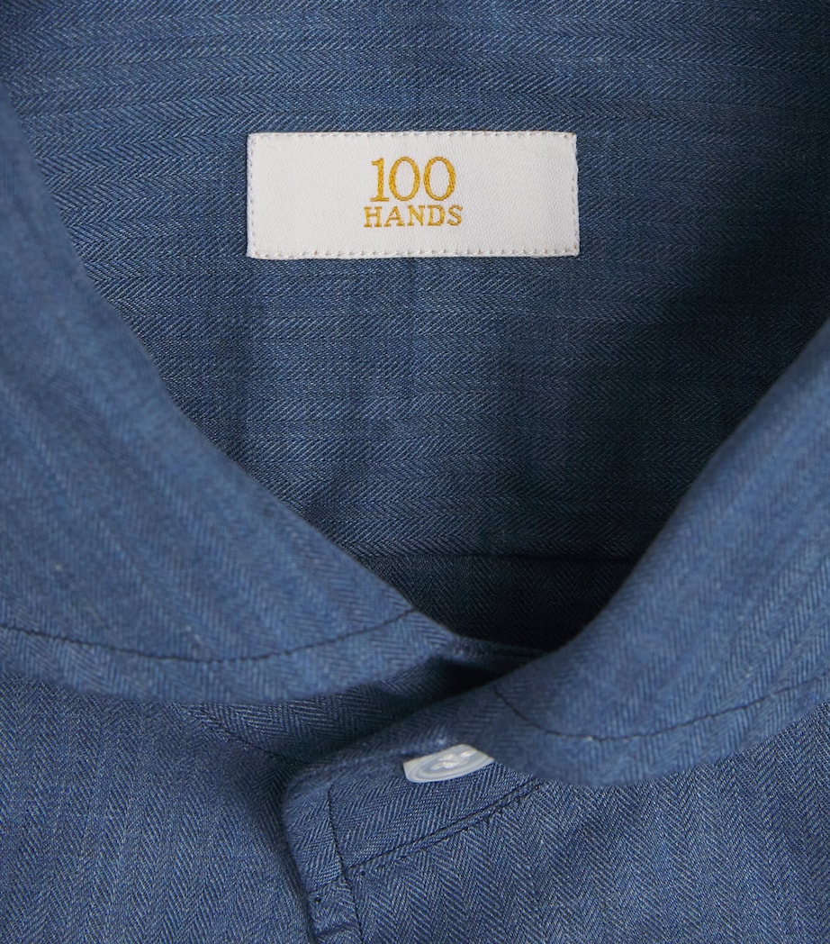 100HANDS Mens Cotton Herringbone Shirt Blue Image 6