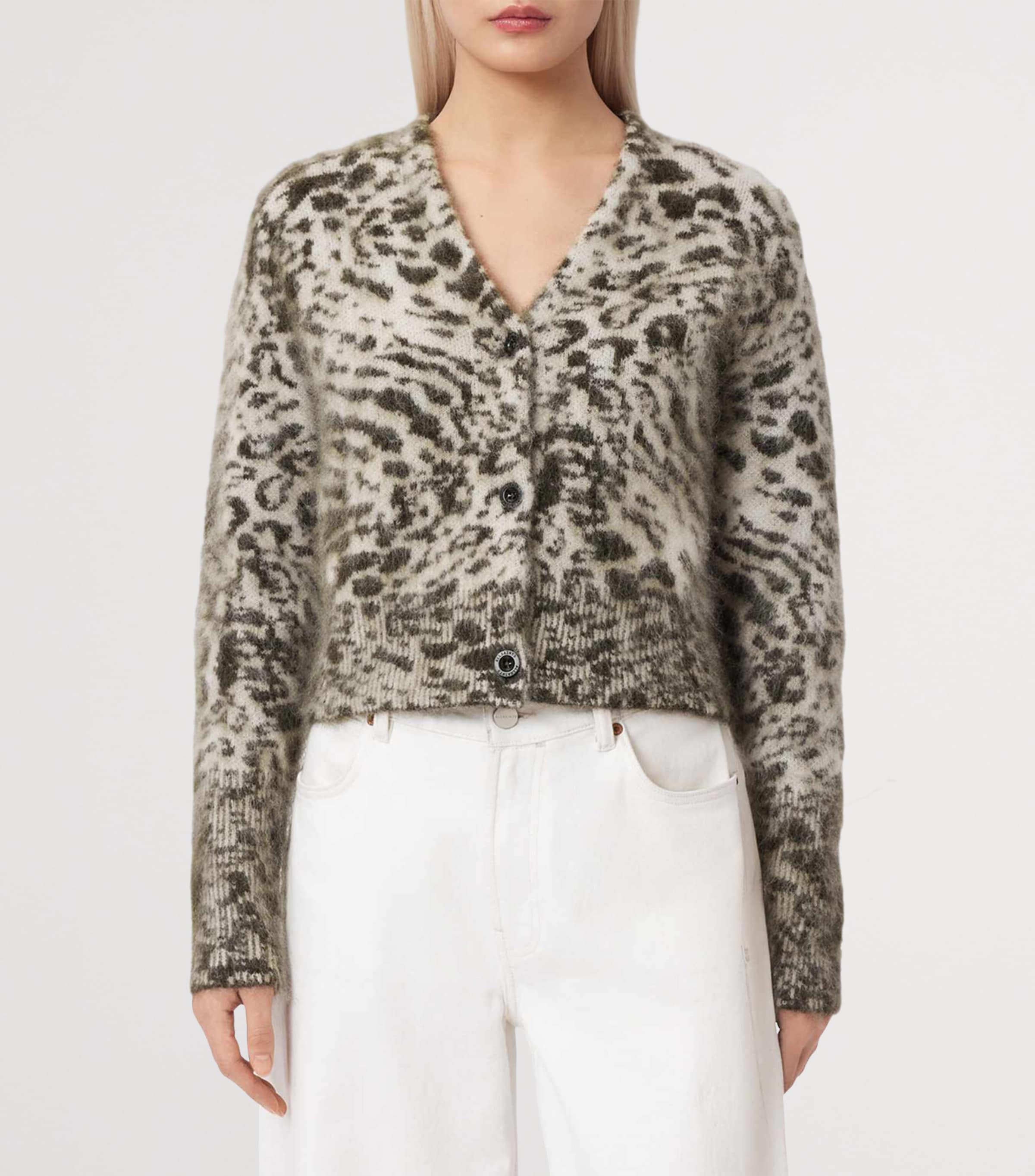 AllSaints Womens Leopard Print Amur Cardigan Chalk White/green Image 3