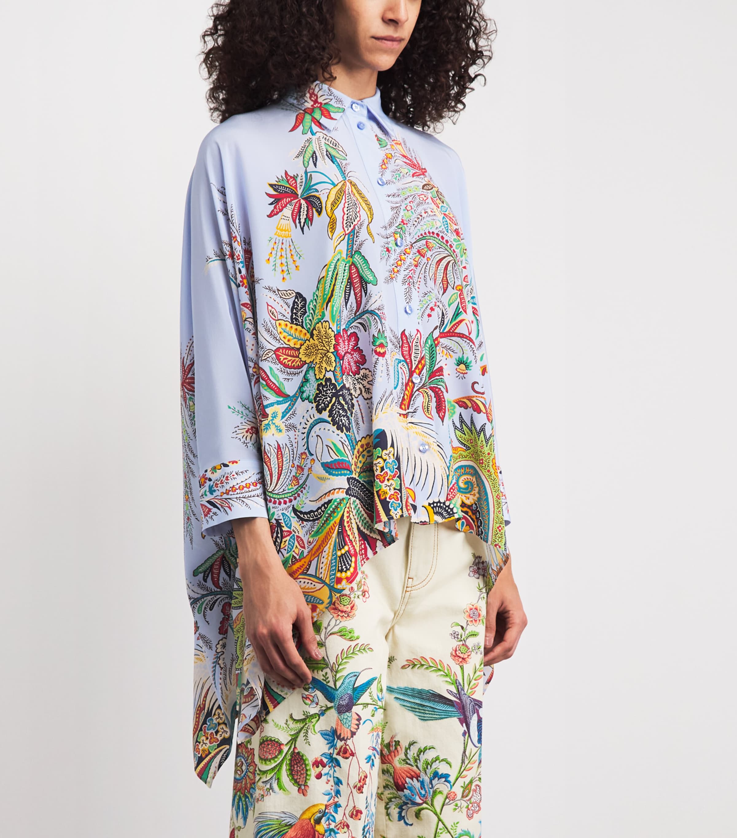 Etro Womens Silk Floral Asymmetric Shirt Prnt/pl Blu Bs Image 4