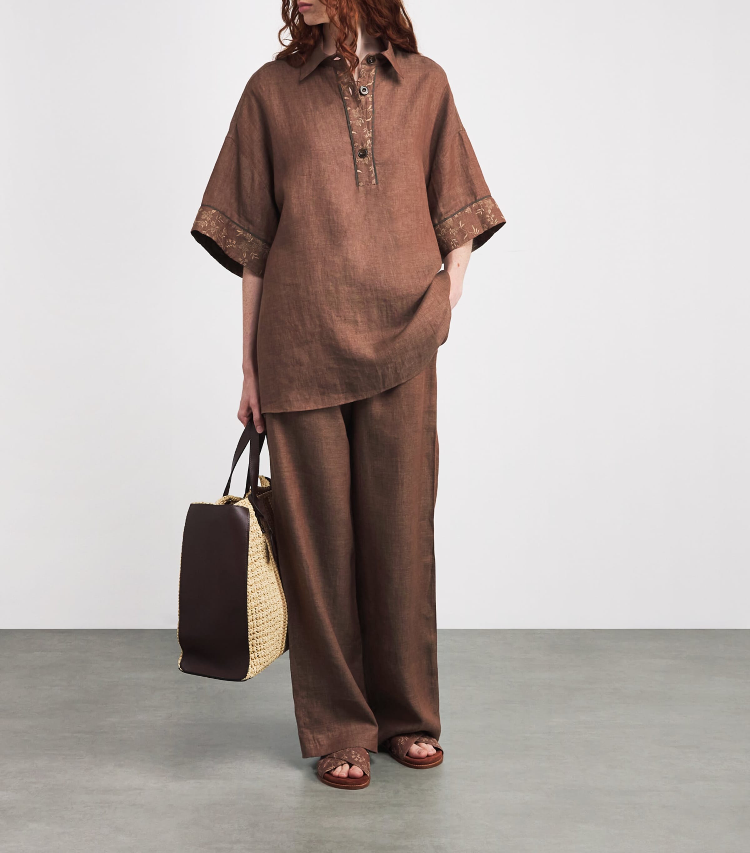 Eleventy Womens x Harrods Linen Elasticated Palazzo Trousers Vicuna Image 2
