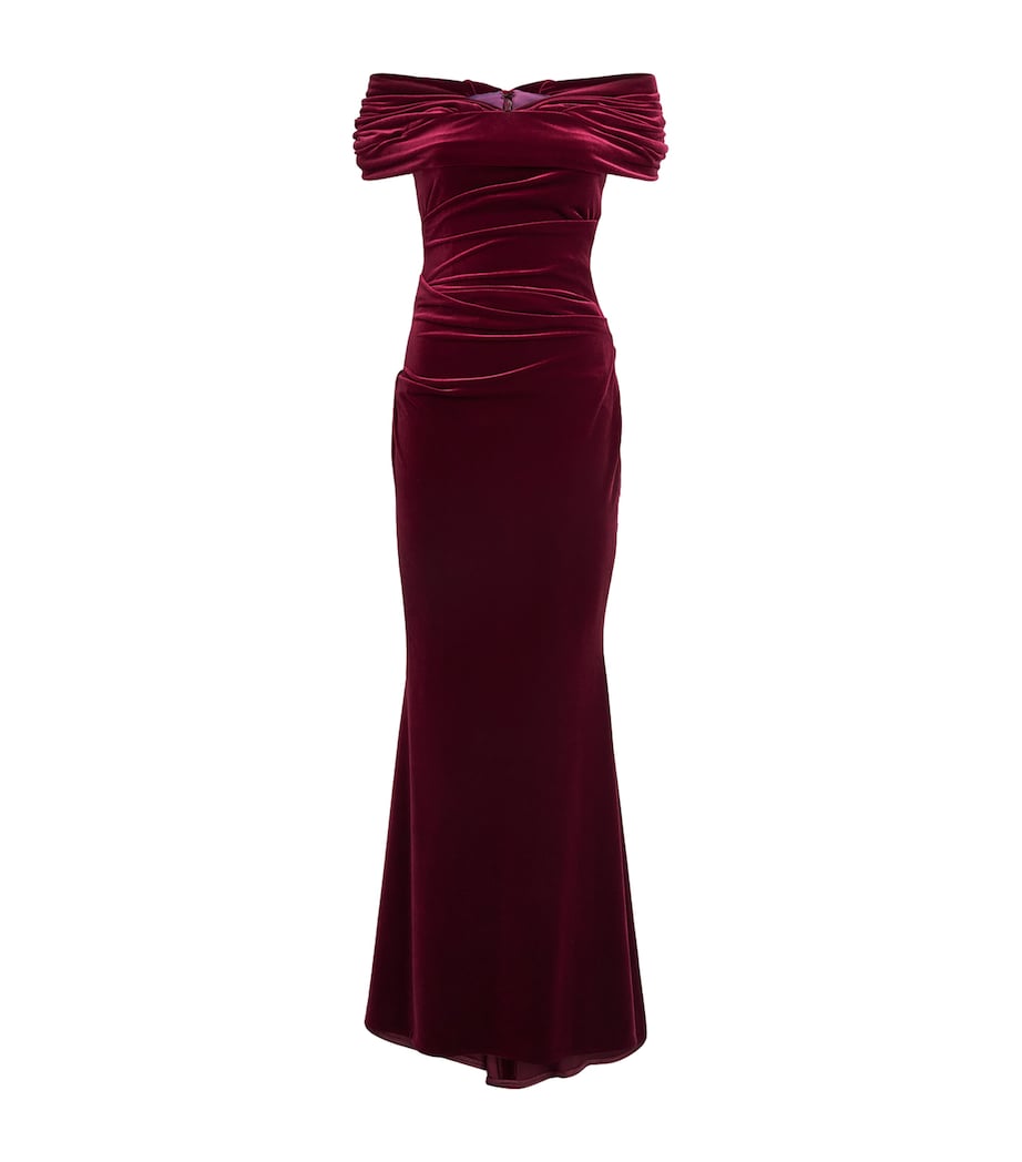 Talbot Runhof Womens Stretch-Velvet Ruched Gown Burgandy Image 1