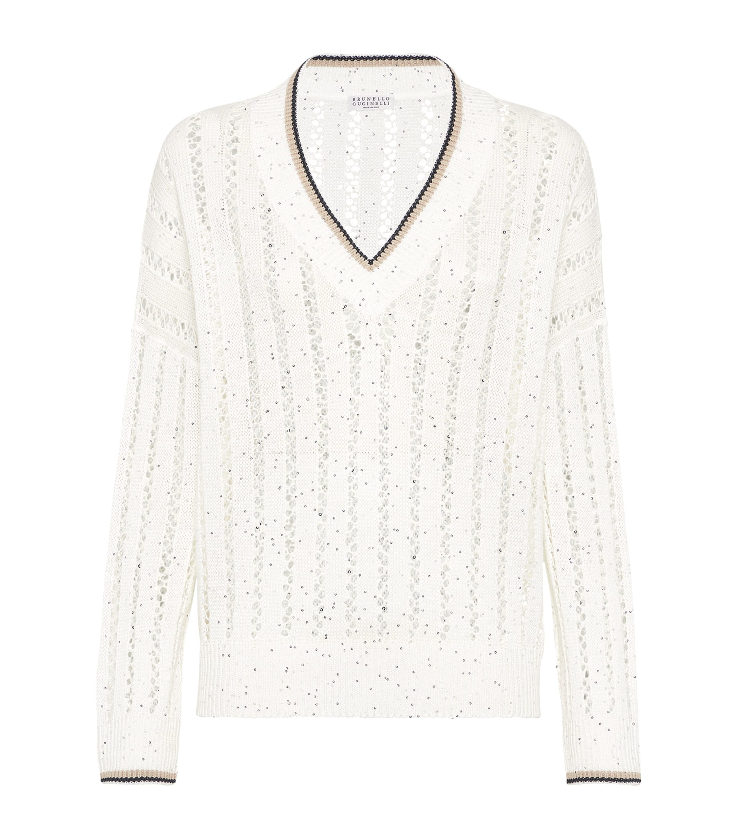 Brunello Cucinelli Perforated Linen Sweater With Sequins In White
