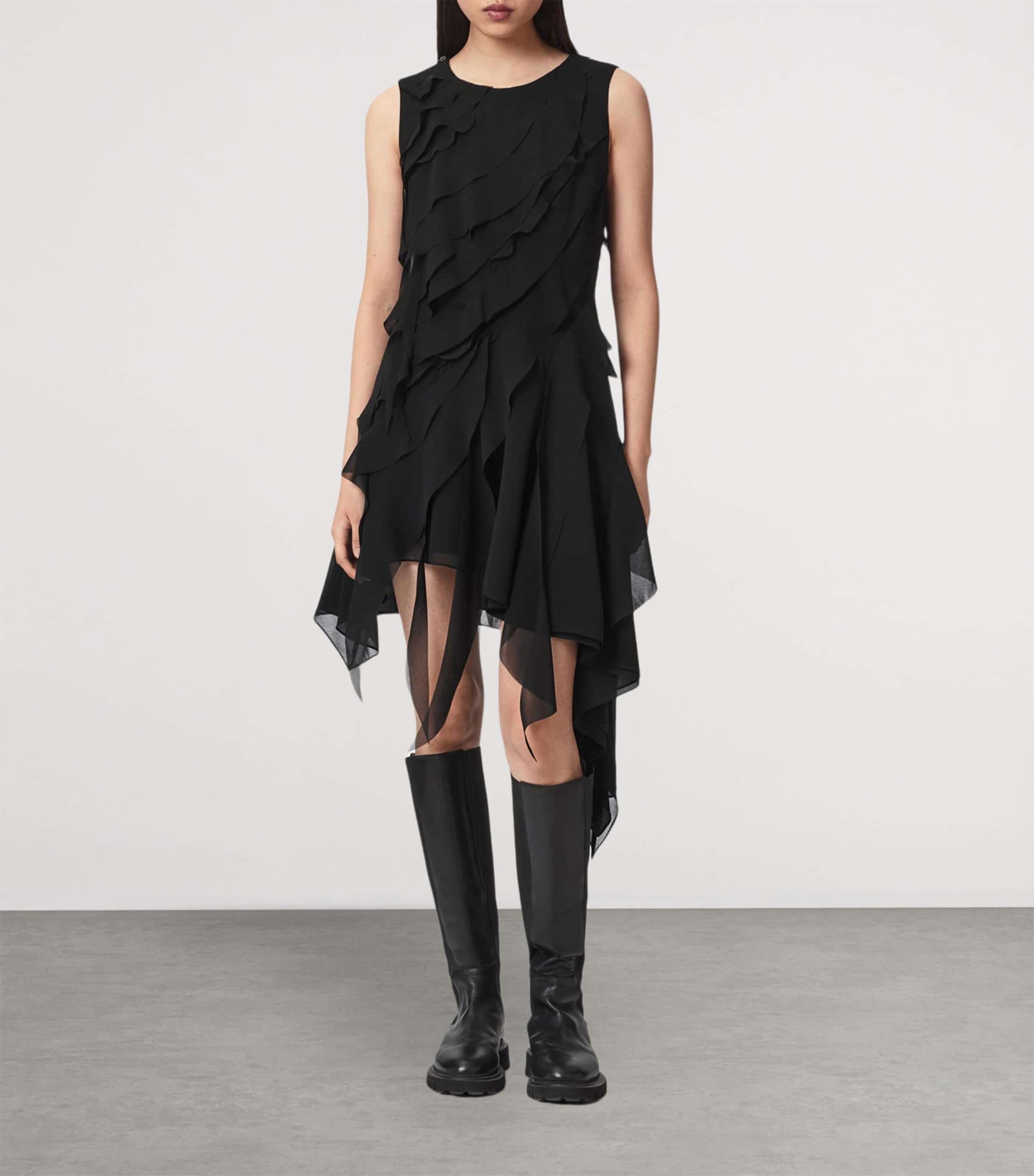 AllSaints Womens Ruffled Asymmetric Angie Midi Dress Black Image 2