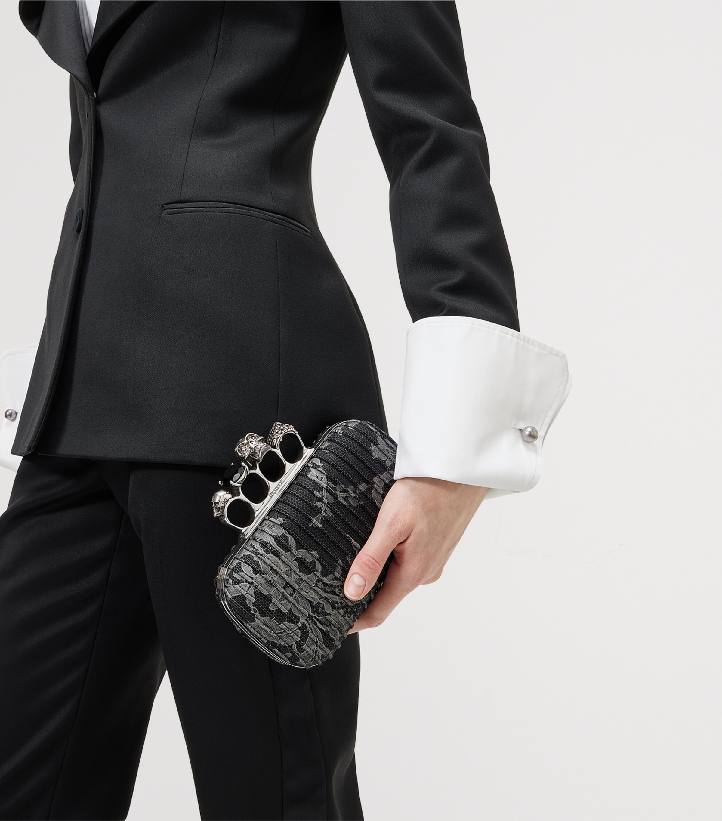 McQueen Black Leather Floral Knuckle Clutch Bag | Harrods US
