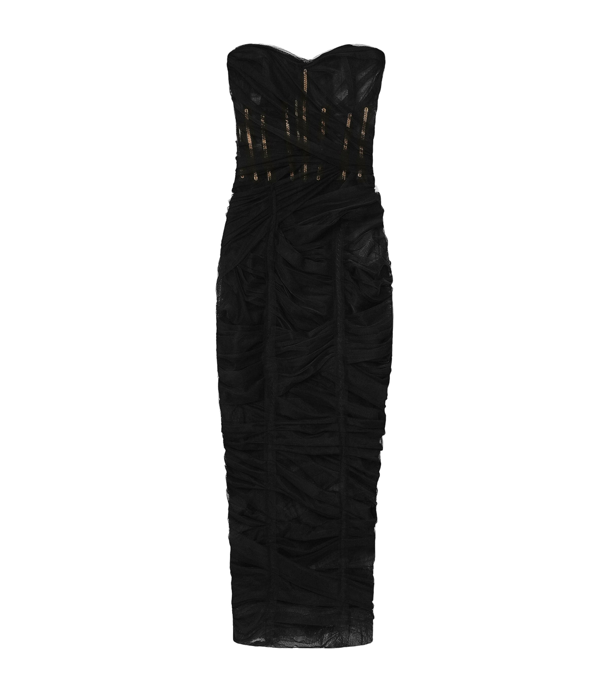 Dolce & Gabbana Tulle Ruched Bustier Midi Dress In Black