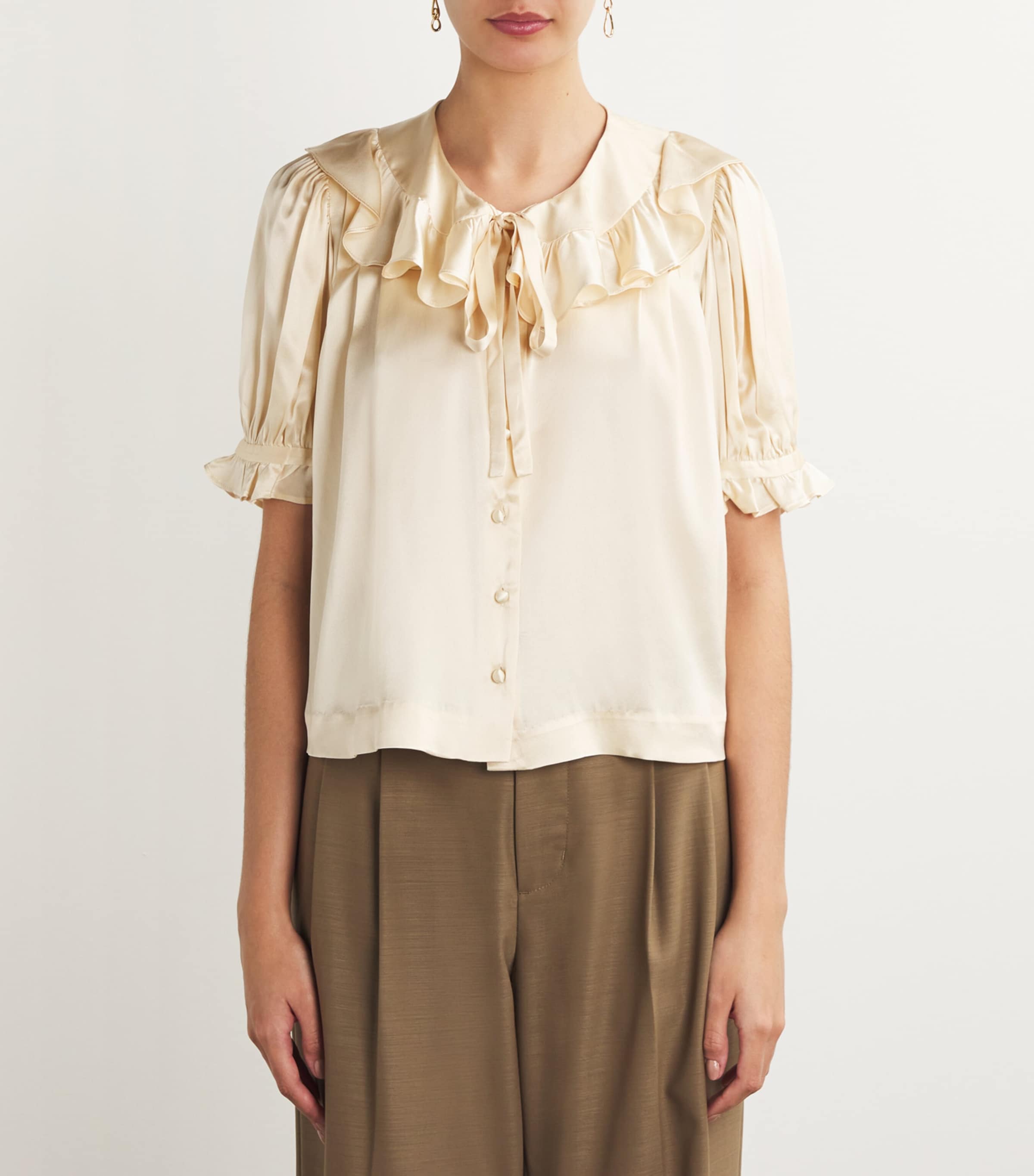 DÔEN Womens Silk Ruffled-Collar Kelela Blouse Candle Light Image 3